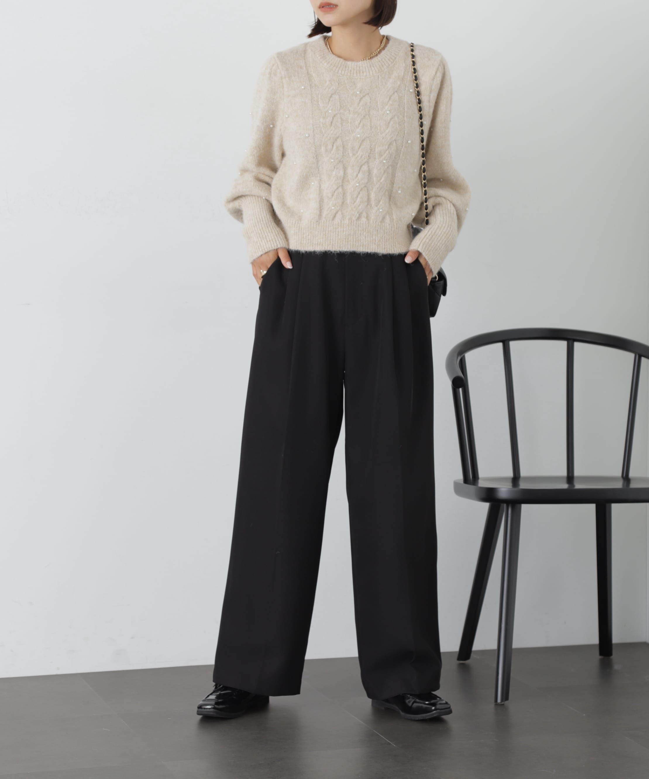  「パール付きケーブルショート丈ニット」|ニット・セーター|