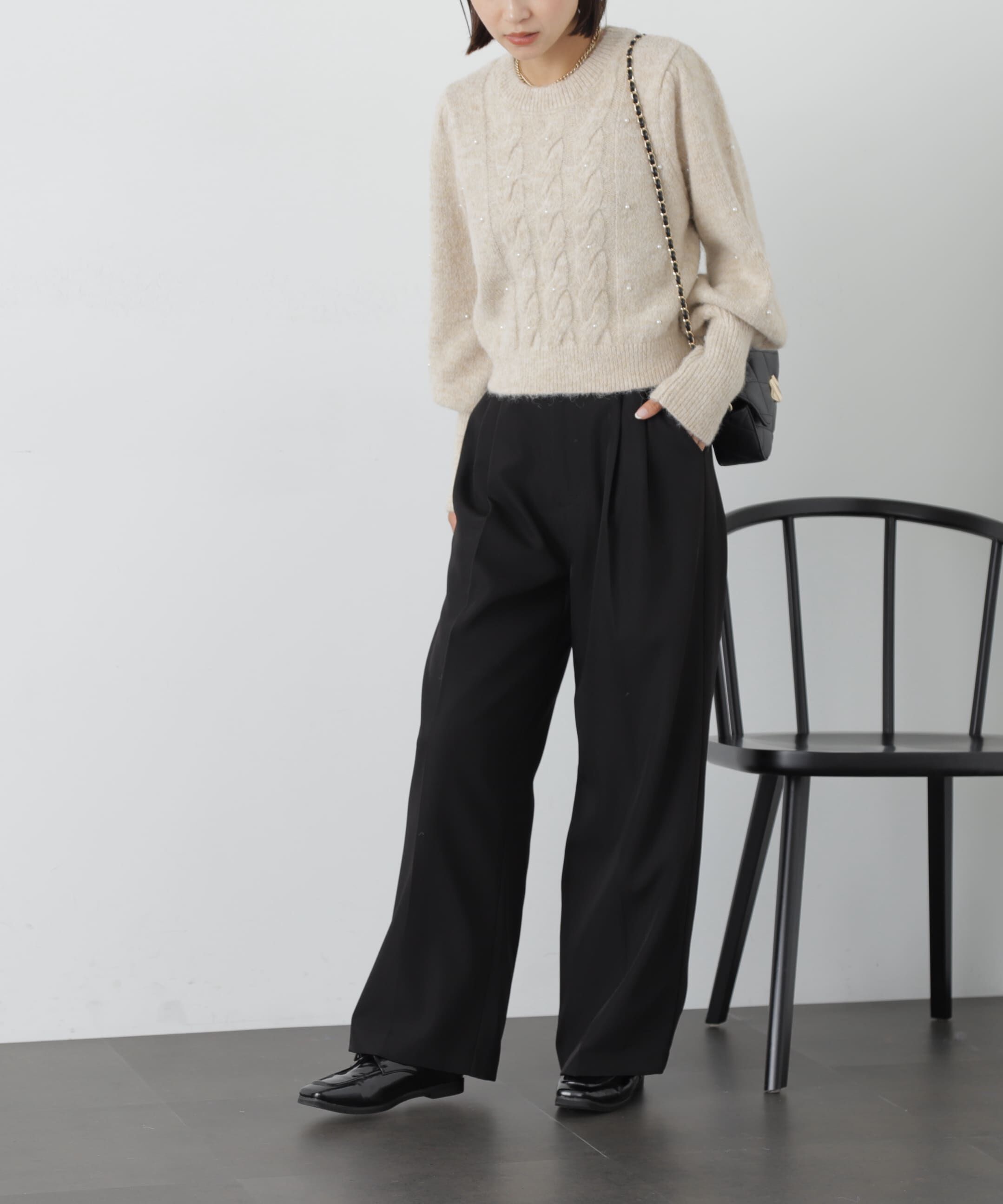  「パール付きケーブルショート丈ニット」|ニット・セーター|