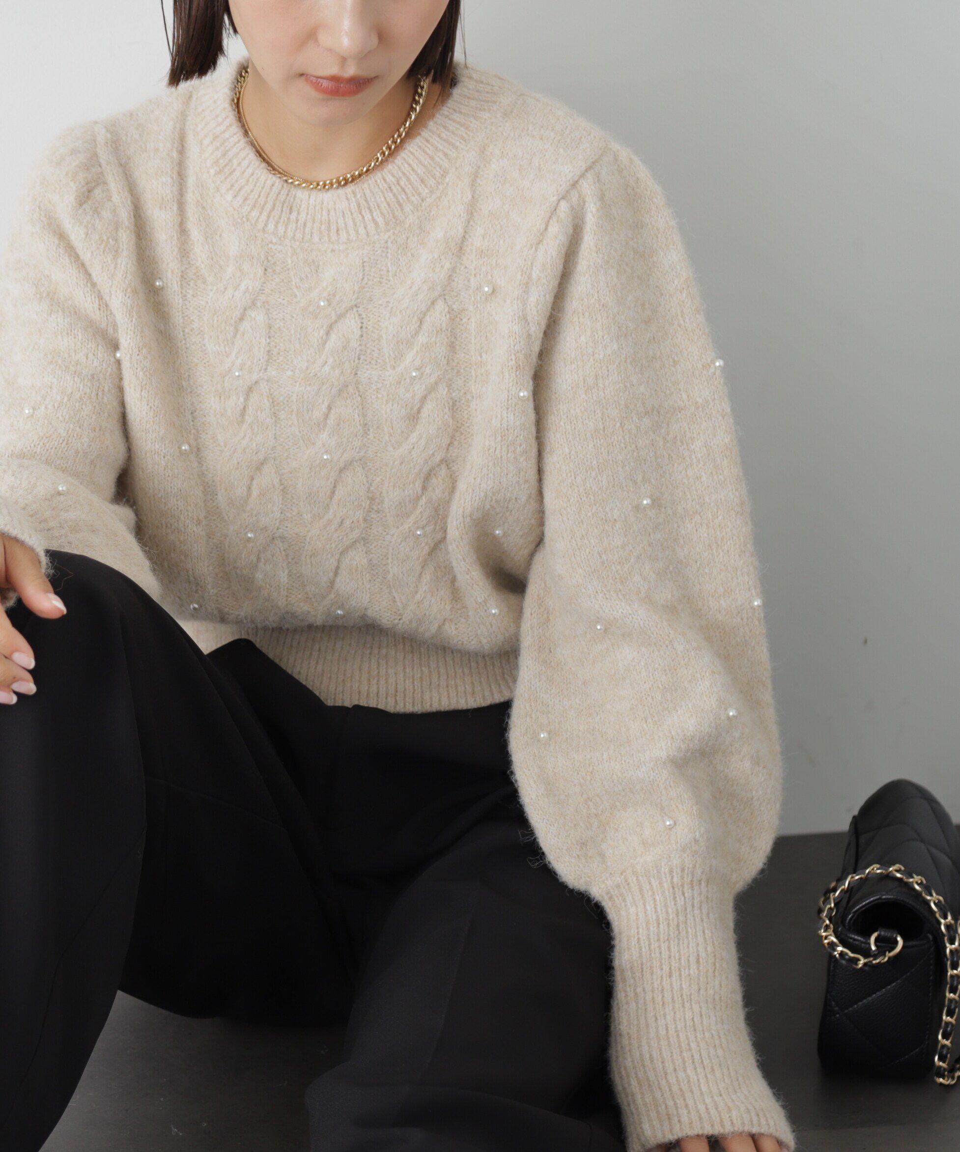  「パール付きケーブルショート丈ニット」|ニット・セーター|