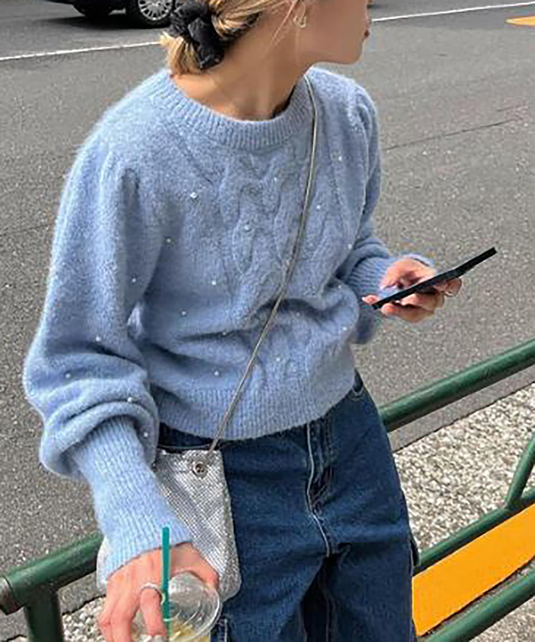  「パール付きケーブルショート丈ニット」|ニット・セーター|ライトブルー