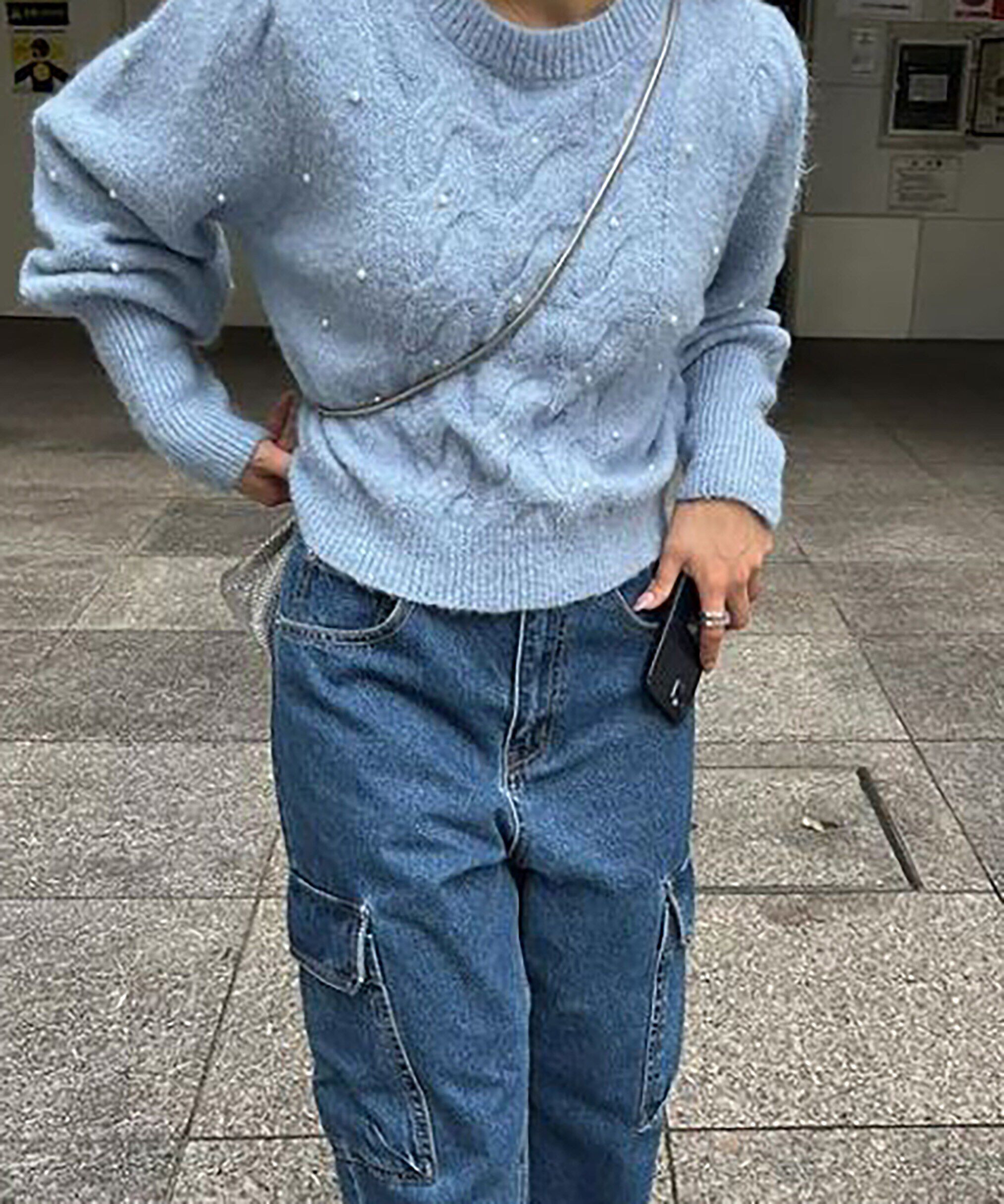  「パール付きケーブルショート丈ニット」|ニット・セーター|