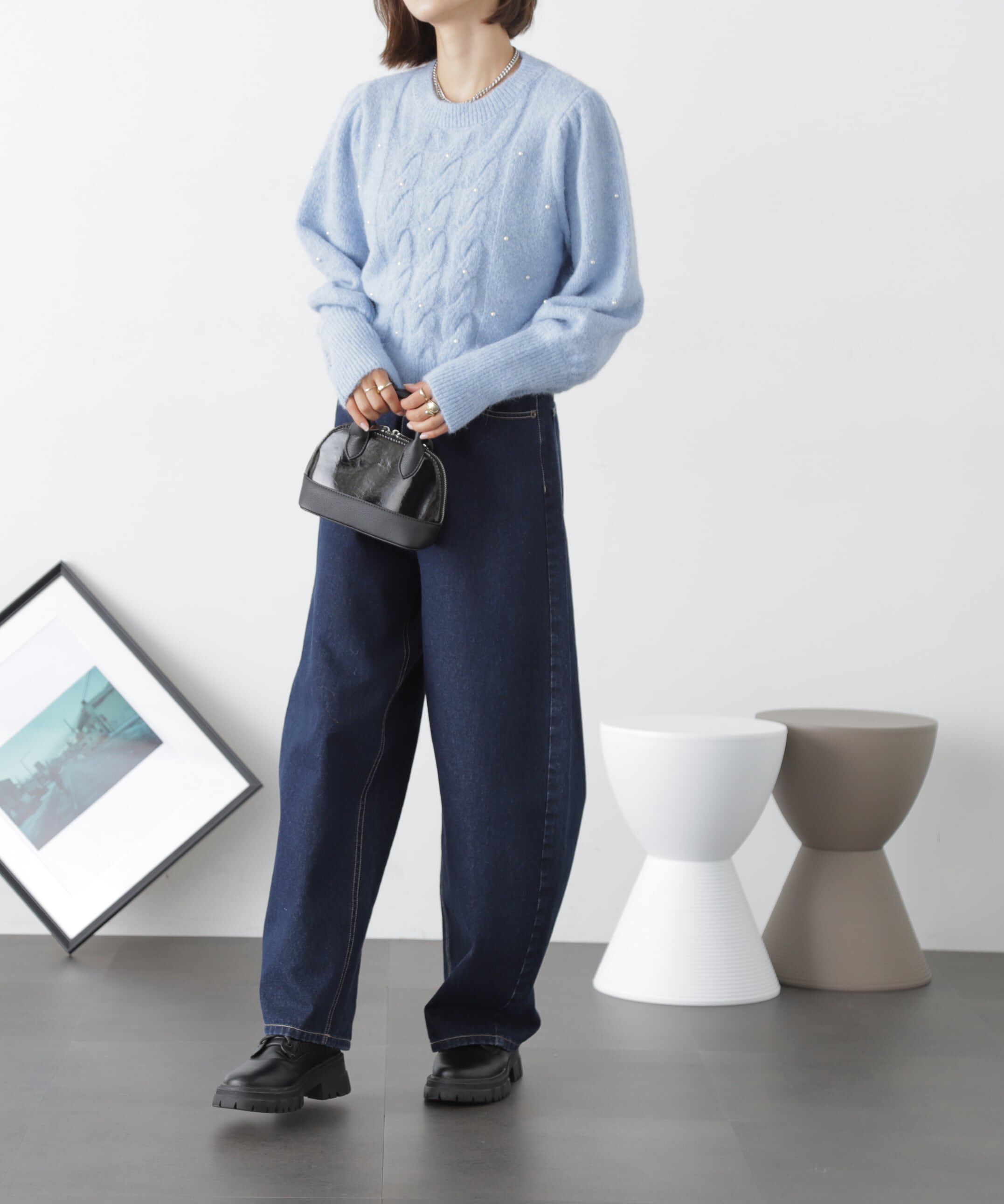  「パール付きケーブルショート丈ニット」|ニット・セーター|