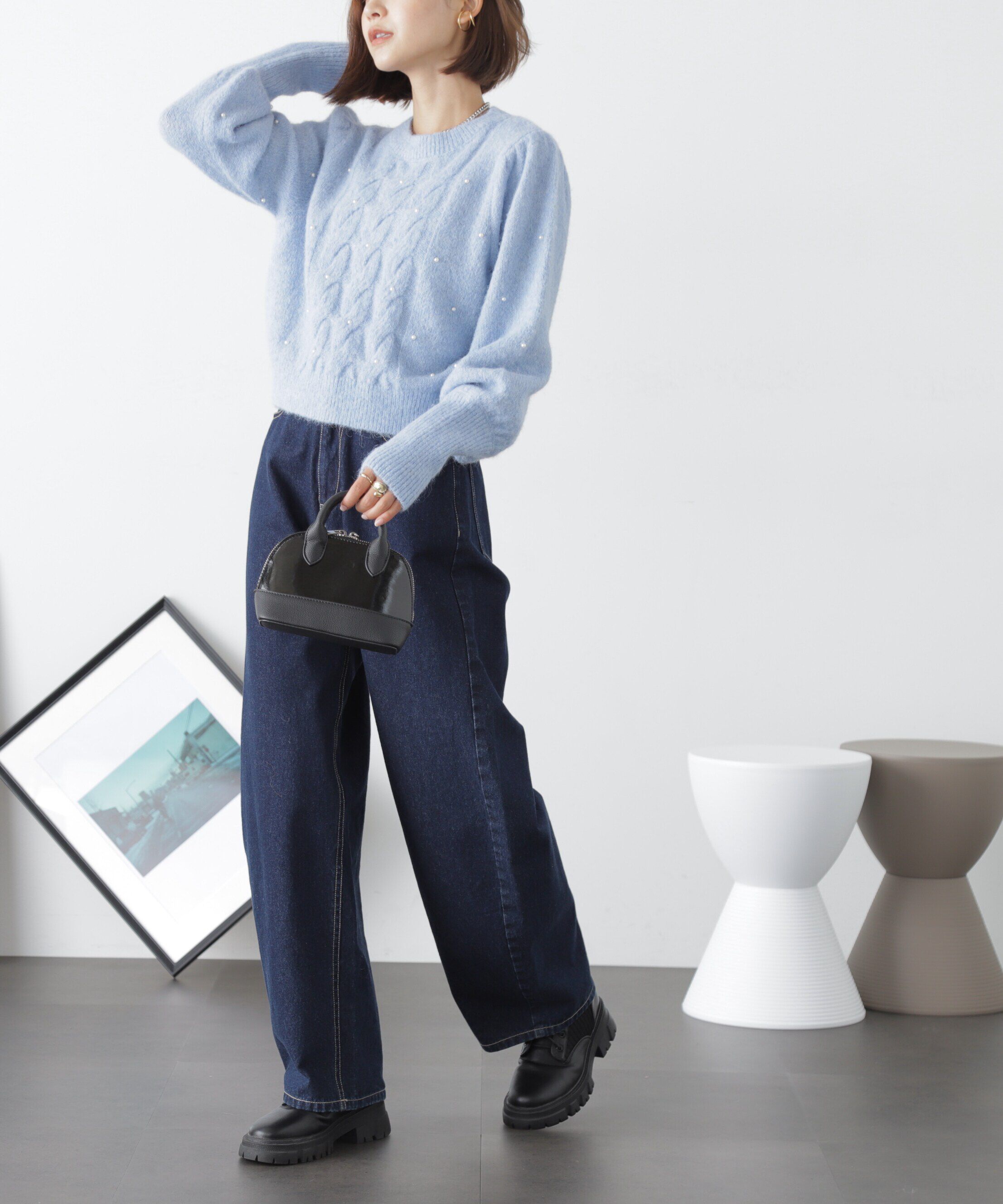  「パール付きケーブルショート丈ニット」|ニット・セーター|