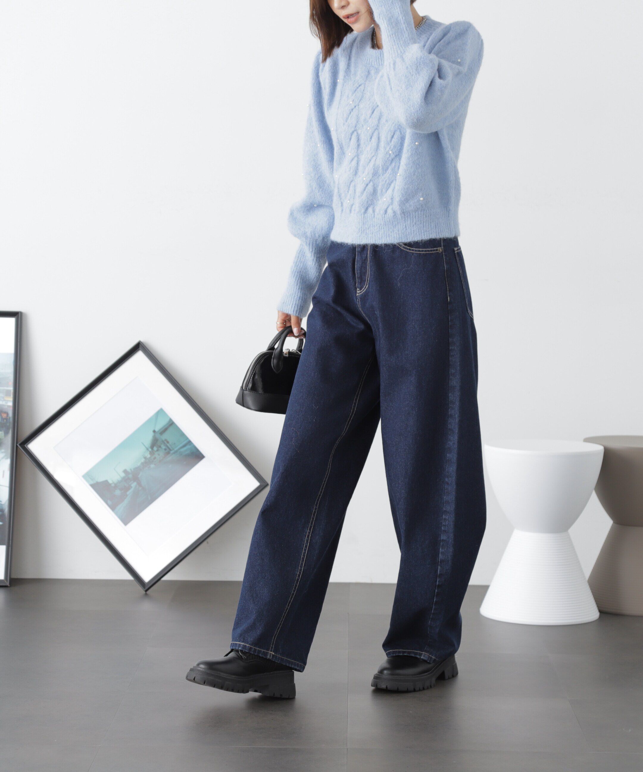  「パール付きケーブルショート丈ニット」|ニット・セーター|