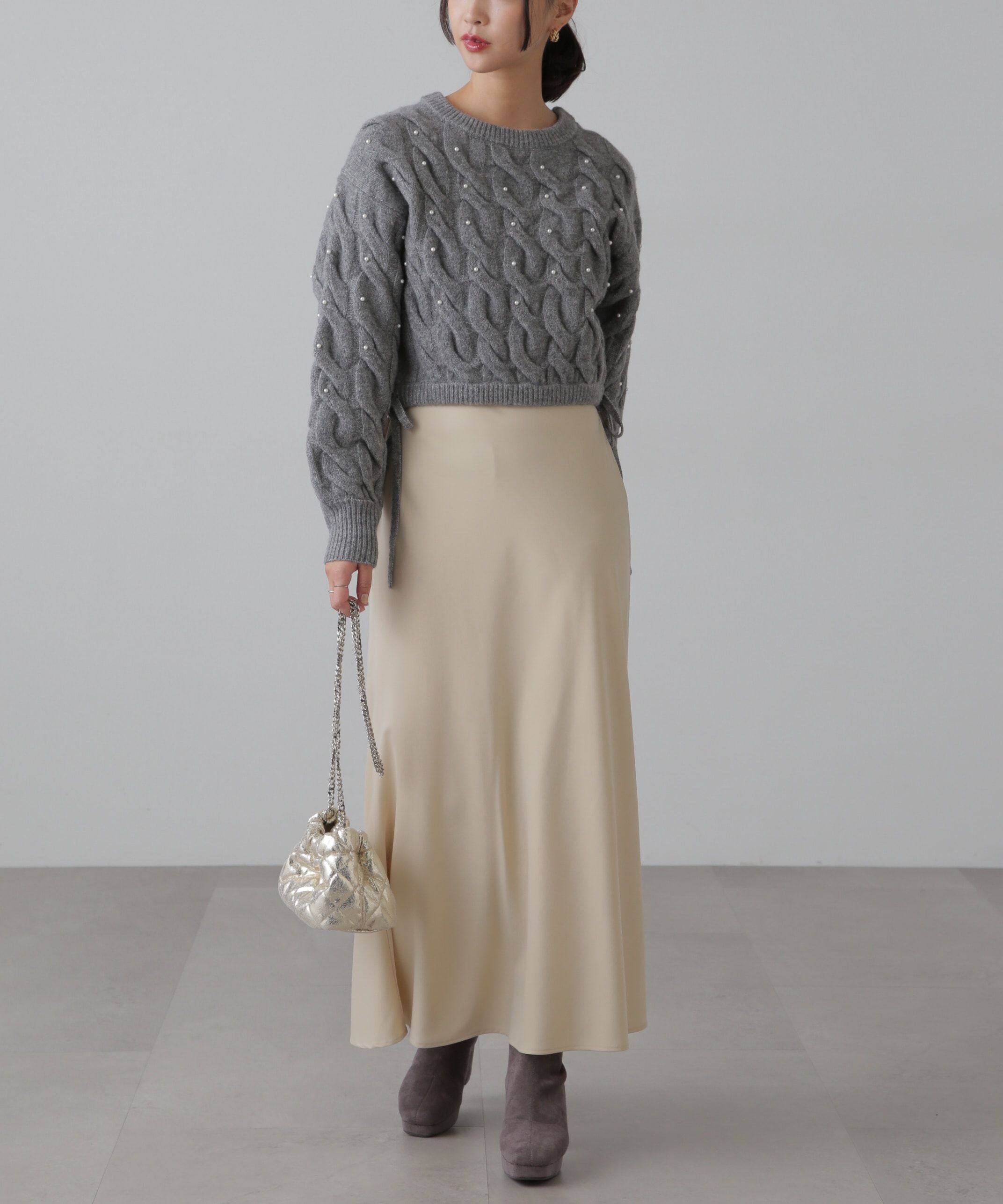  「ウエストゴムパールミックスケーブルドロストニット」|ニット・セーター|