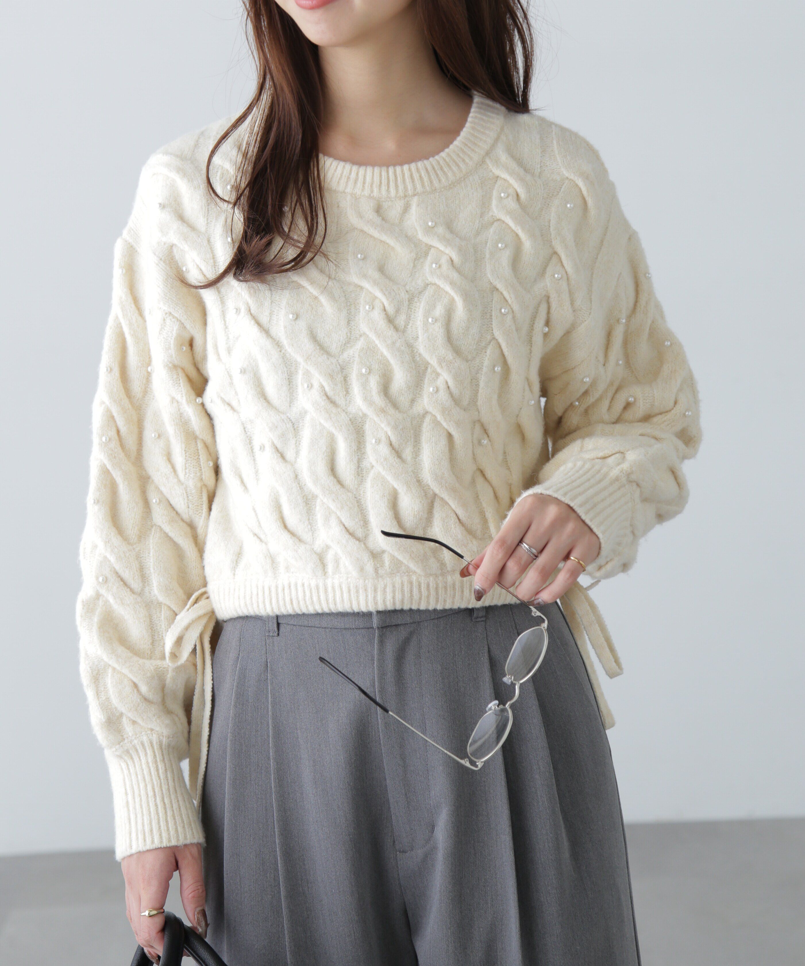  「ウエストゴムパールミックスケーブルドロストニット」|ニット・セーター|
