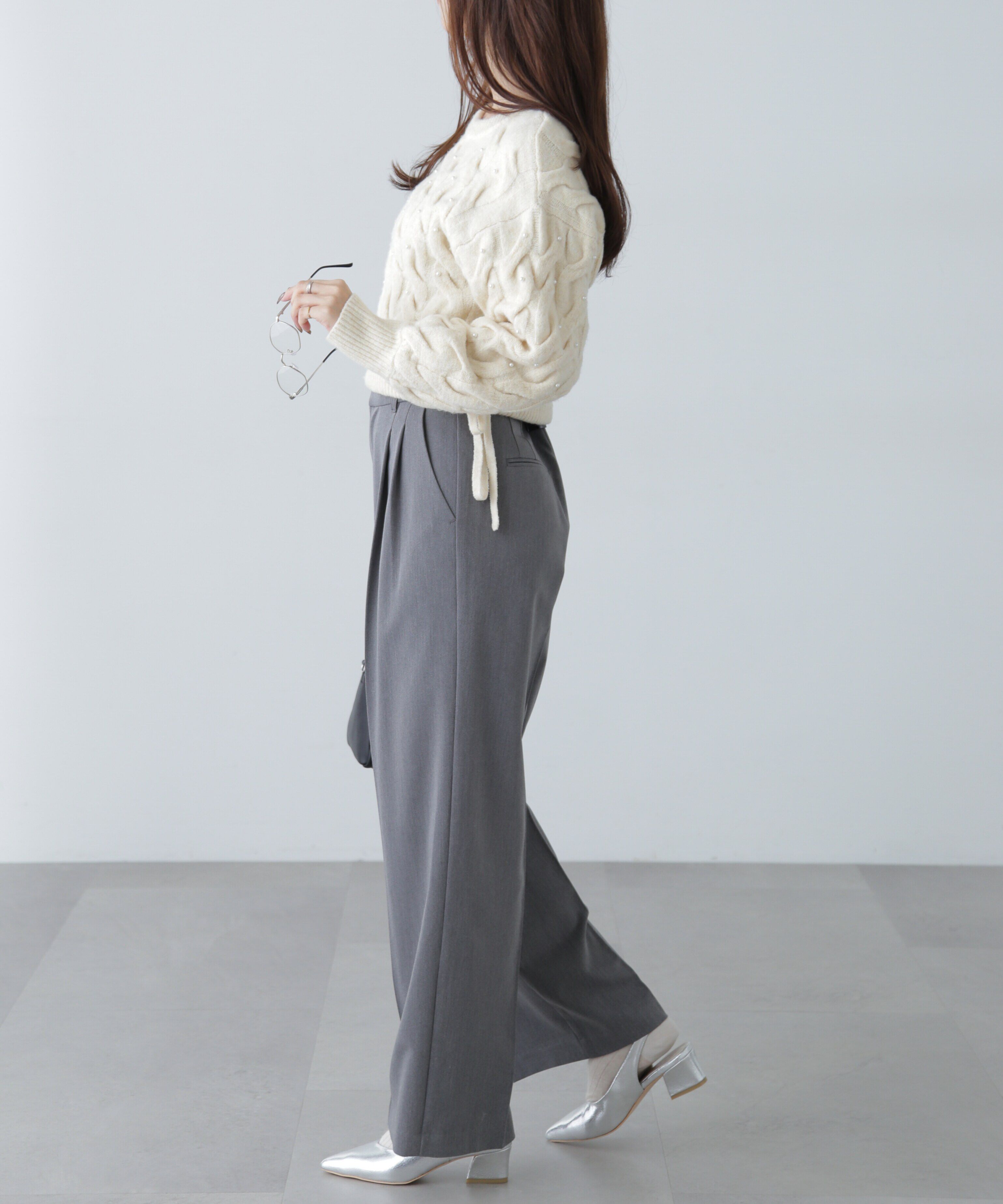  「ウエストゴムパールミックスケーブルドロストニット」|ニット・セーター|