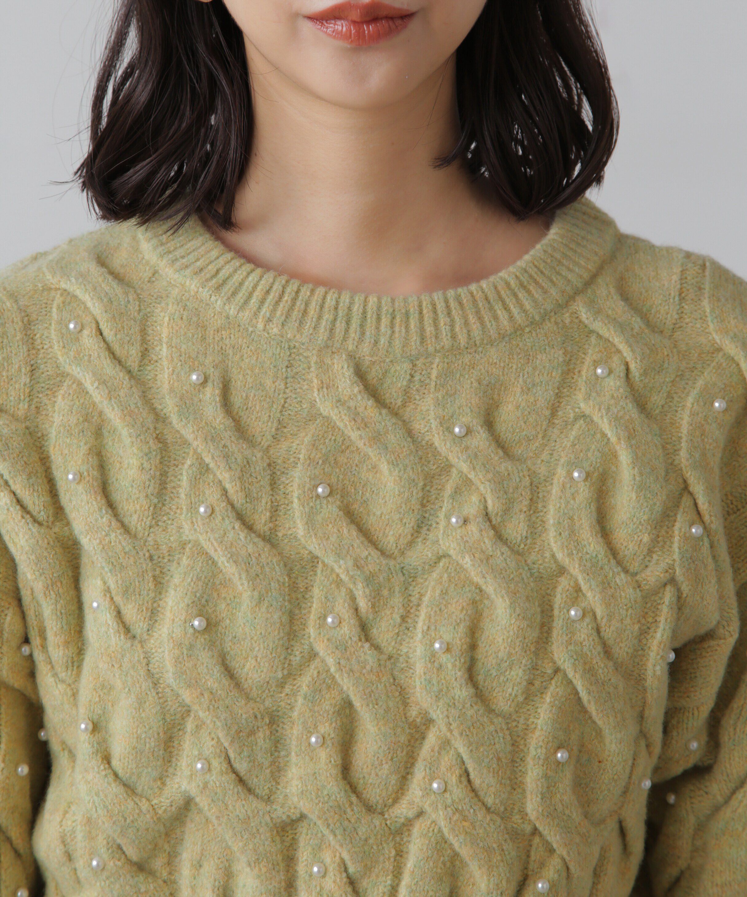  「ウエストゴムパールミックスケーブルドロストニット」|ニット・セーター|