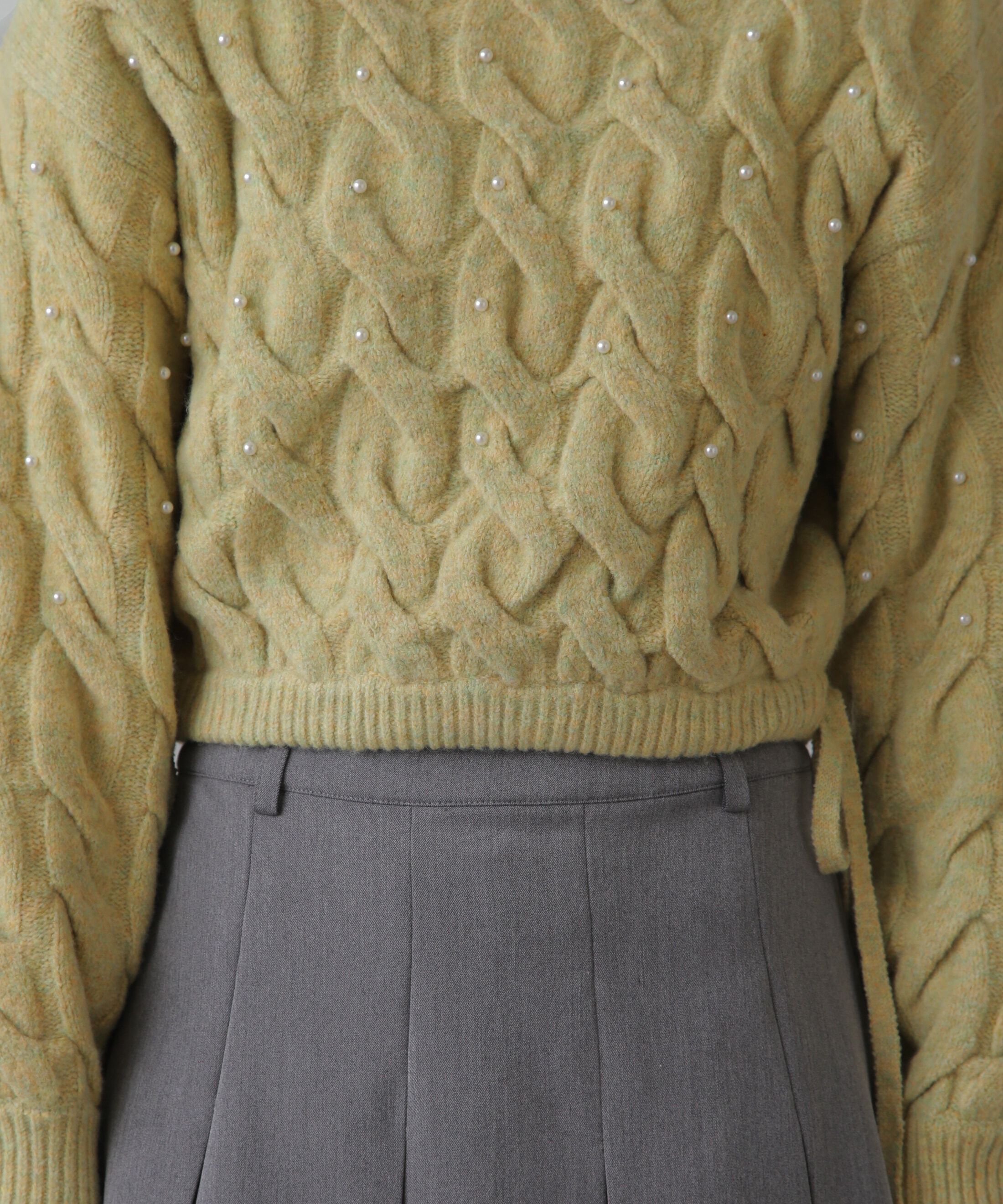  「ウエストゴムパールミックスケーブルドロストニット」|ニット・セーター|