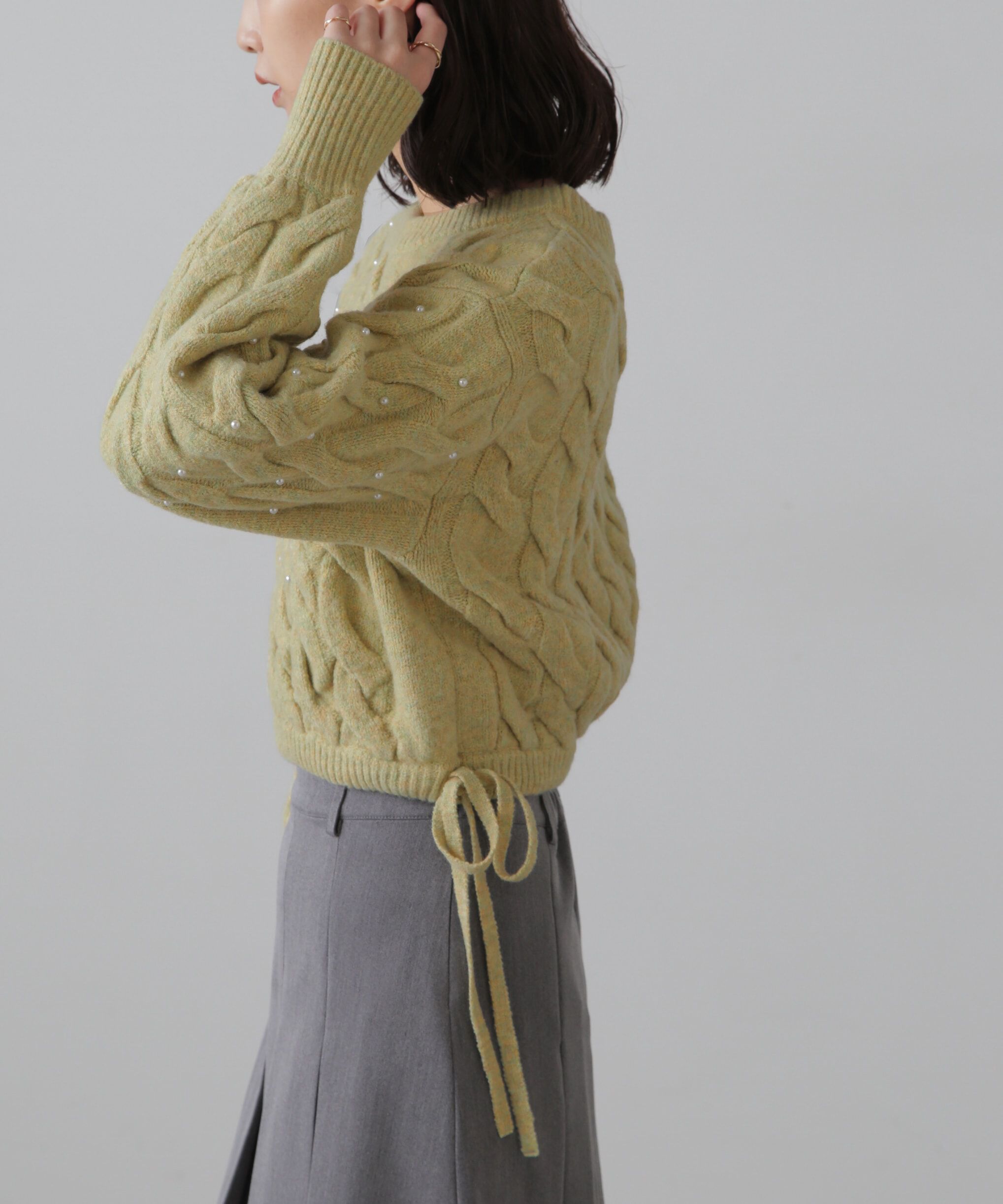  「ウエストゴムパールミックスケーブルドロストニット」|ニット・セーター|