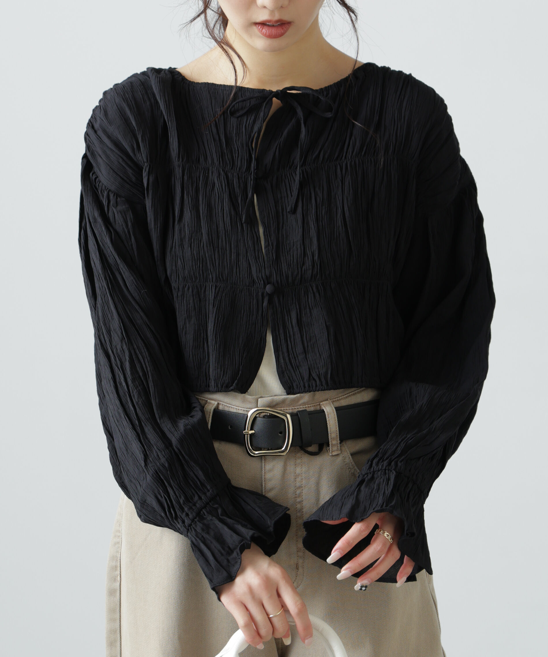  「シアーギャザー前開き短丈ブラウス」|シャツ・ブラウス|