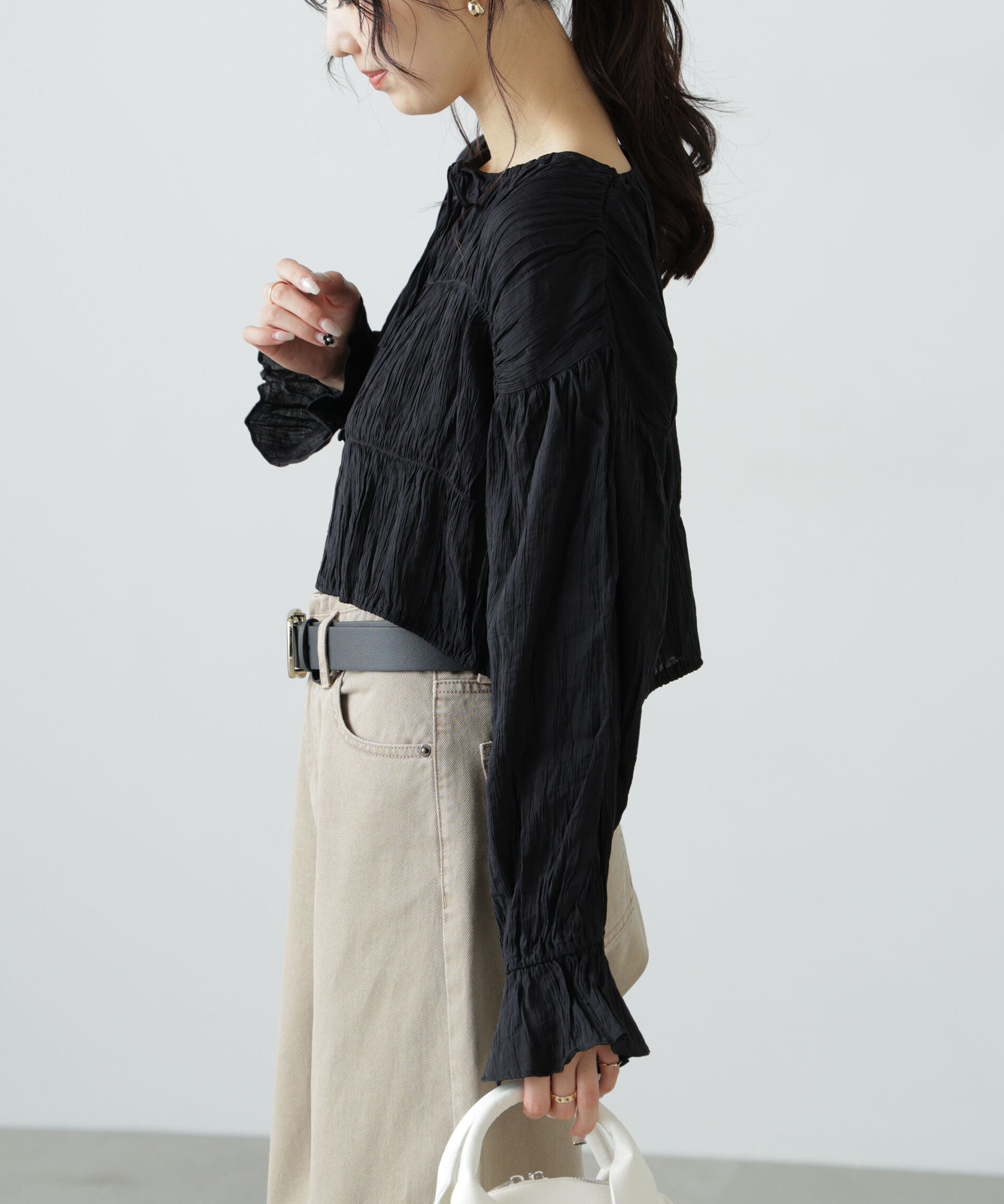  「シアーギャザー前開き短丈ブラウス」|シャツ・ブラウス|
