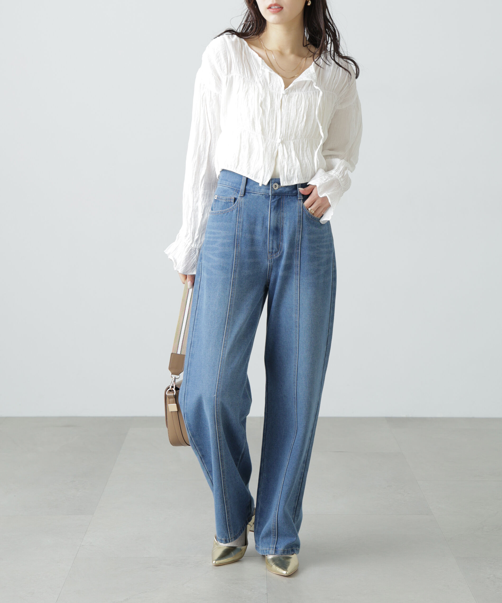  「シアーギャザー前開き短丈ブラウス」|シャツ・ブラウス|