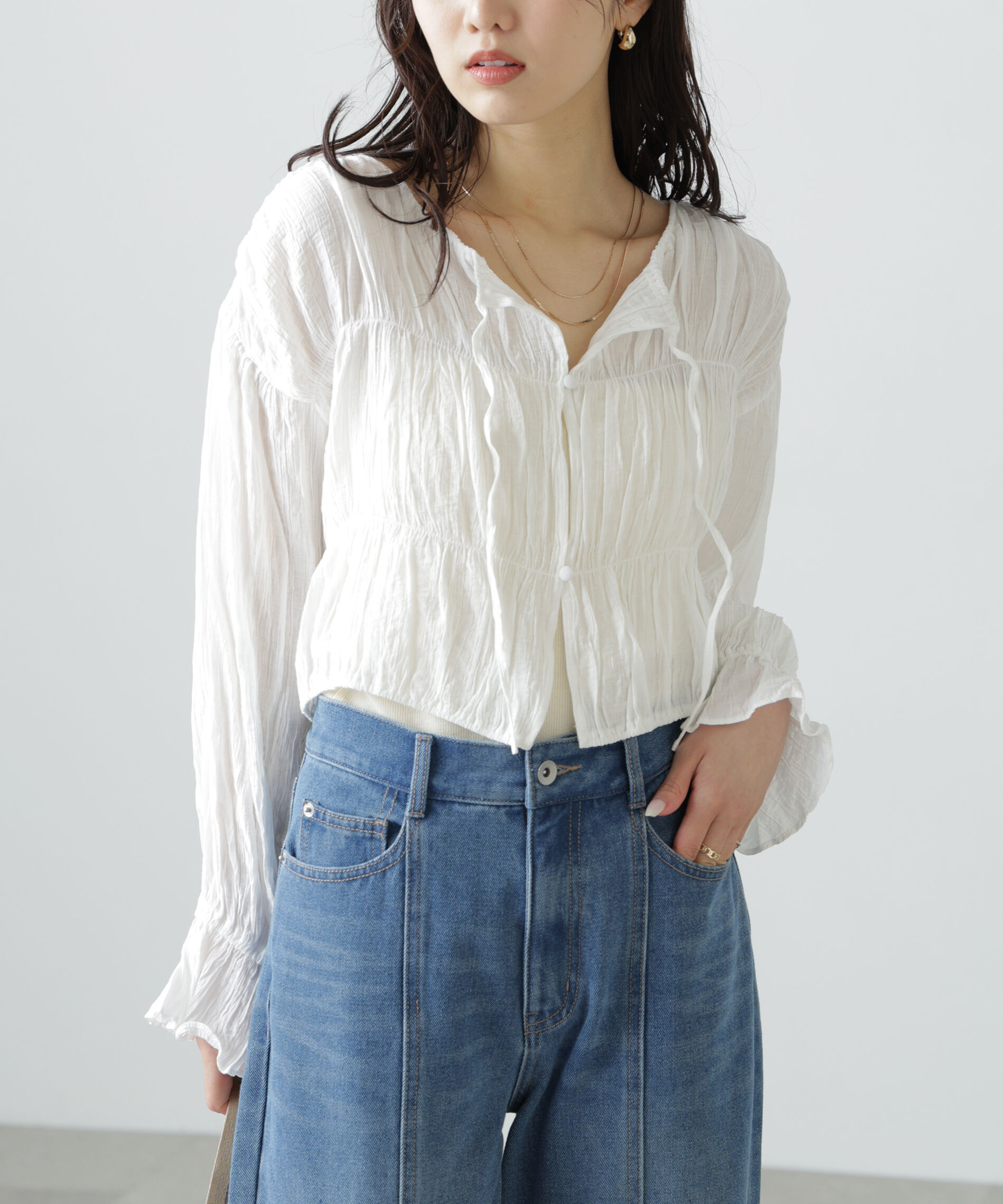  「シアーギャザー前開き短丈ブラウス」|シャツ・ブラウス|