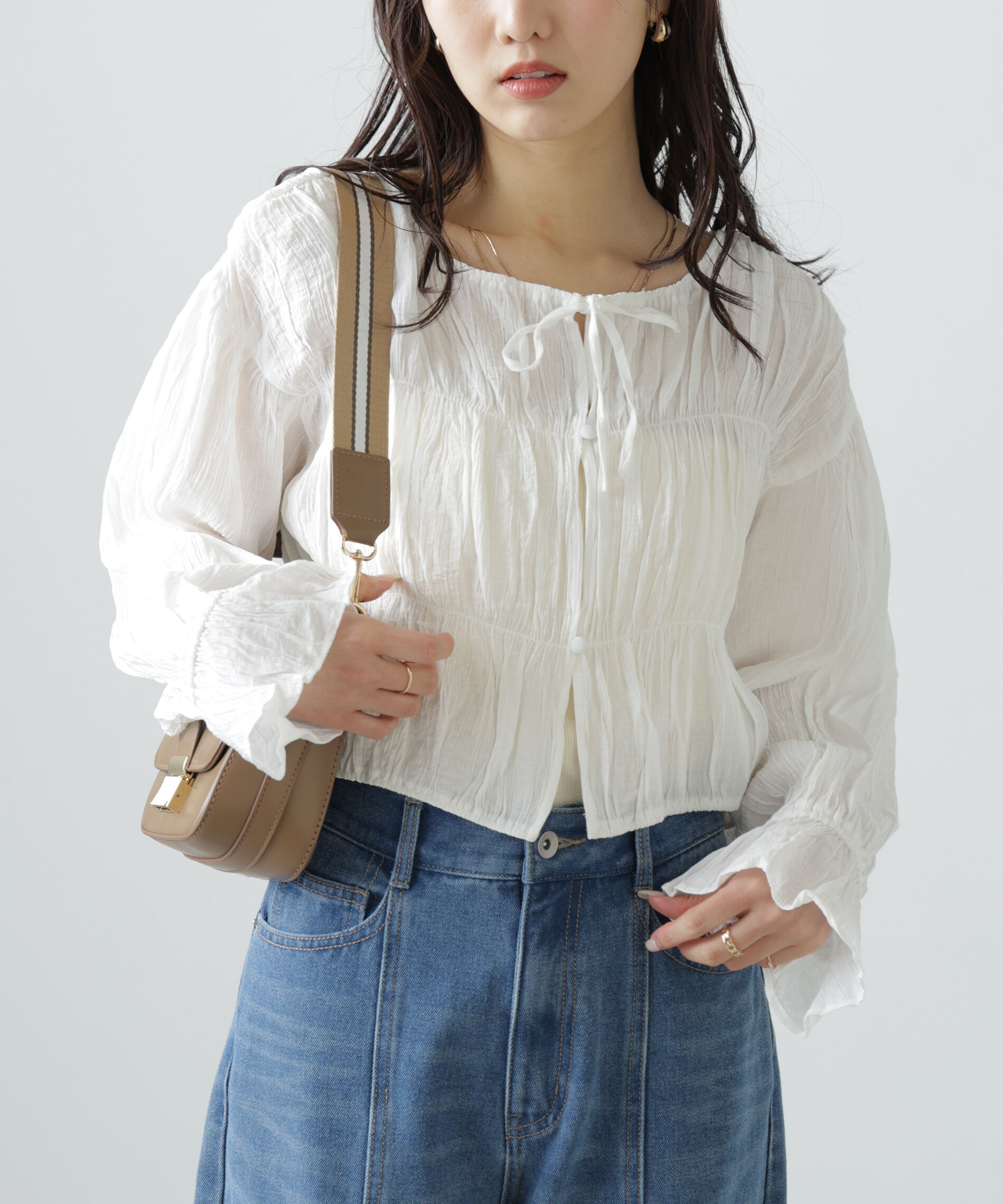  「シアーギャザー前開き短丈ブラウス」|シャツ・ブラウス|