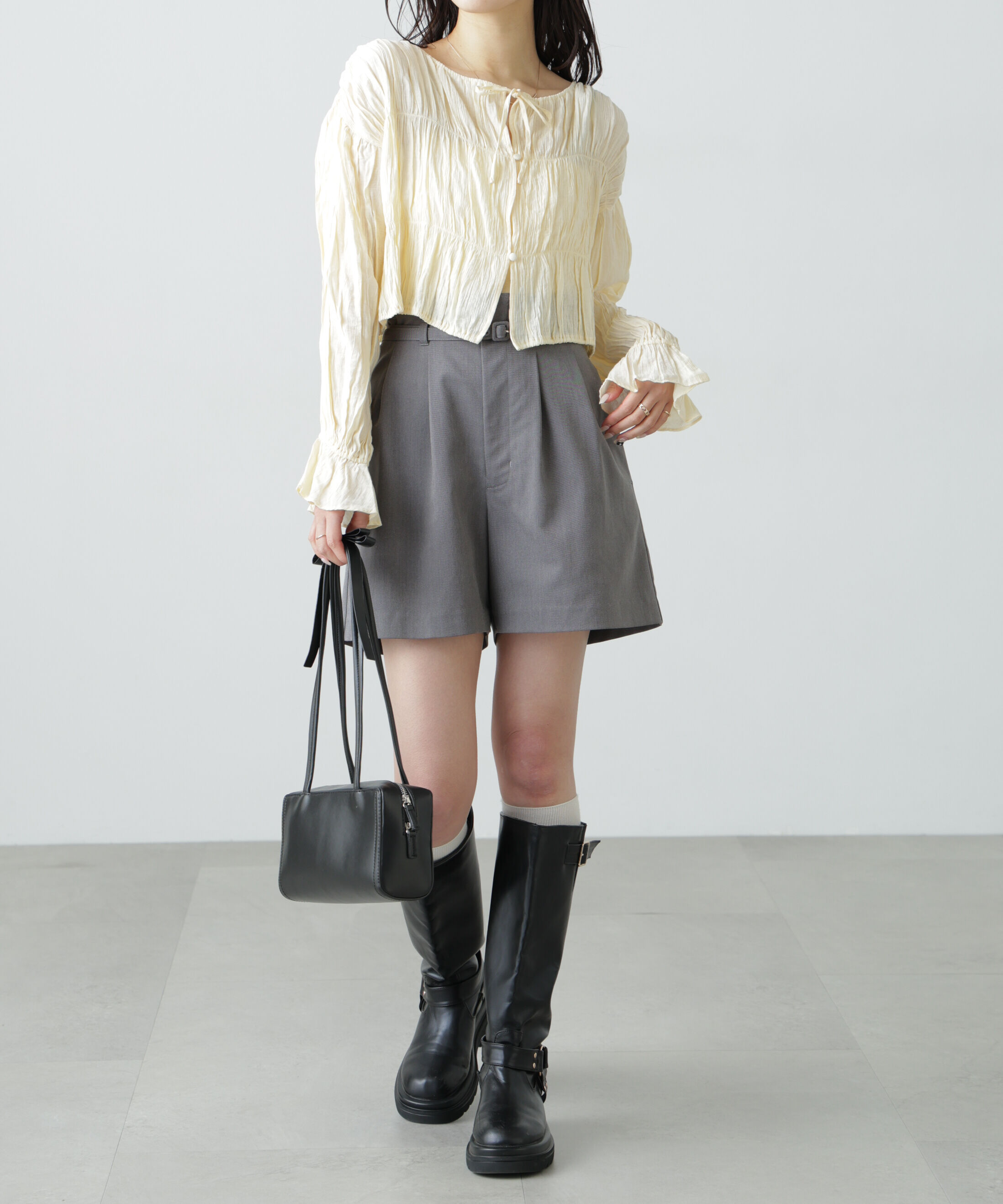  「シアーギャザー前開き短丈ブラウス」|シャツ・ブラウス|