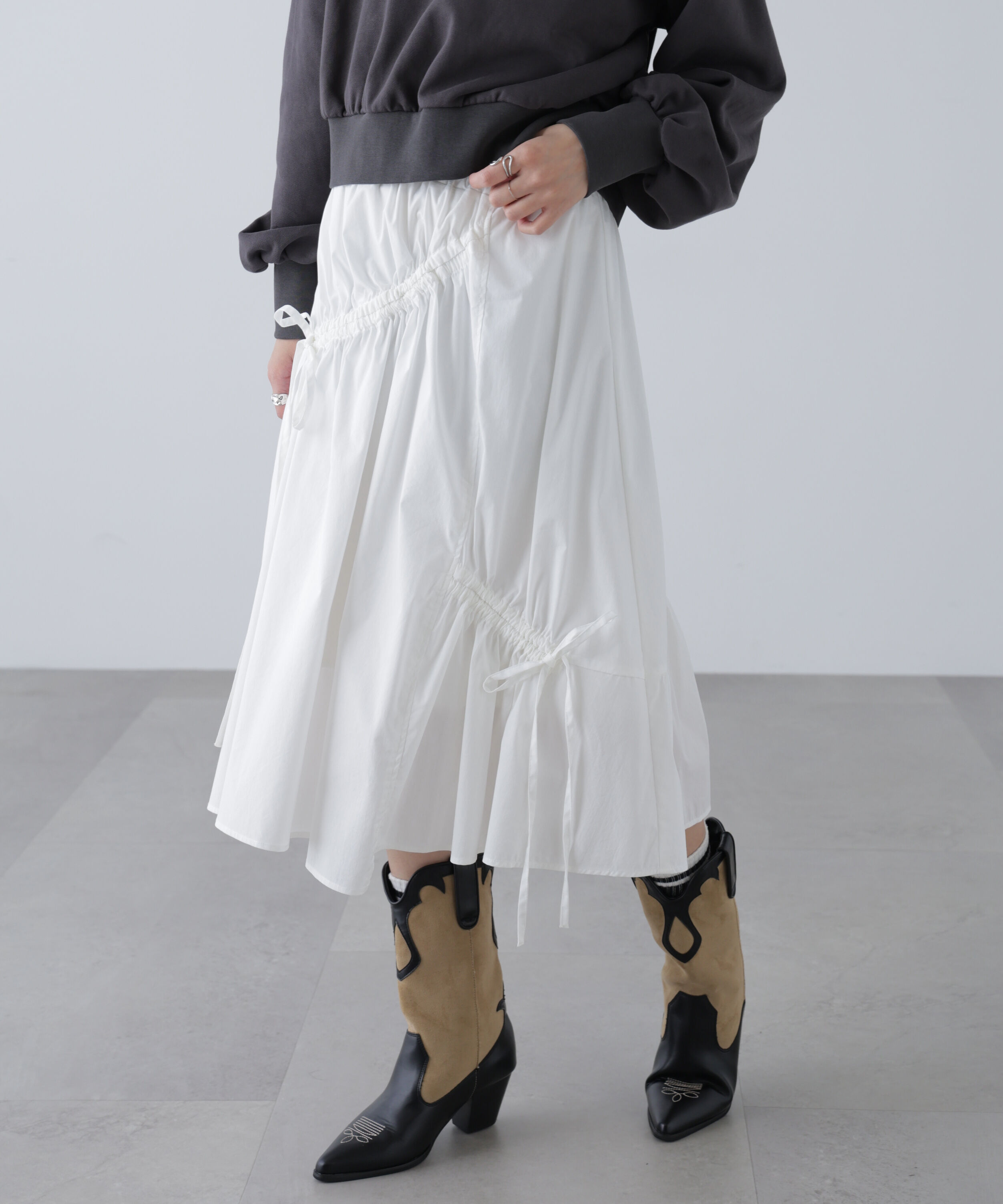  「アシメドロストリボンミディスカート」|スカート|オフ