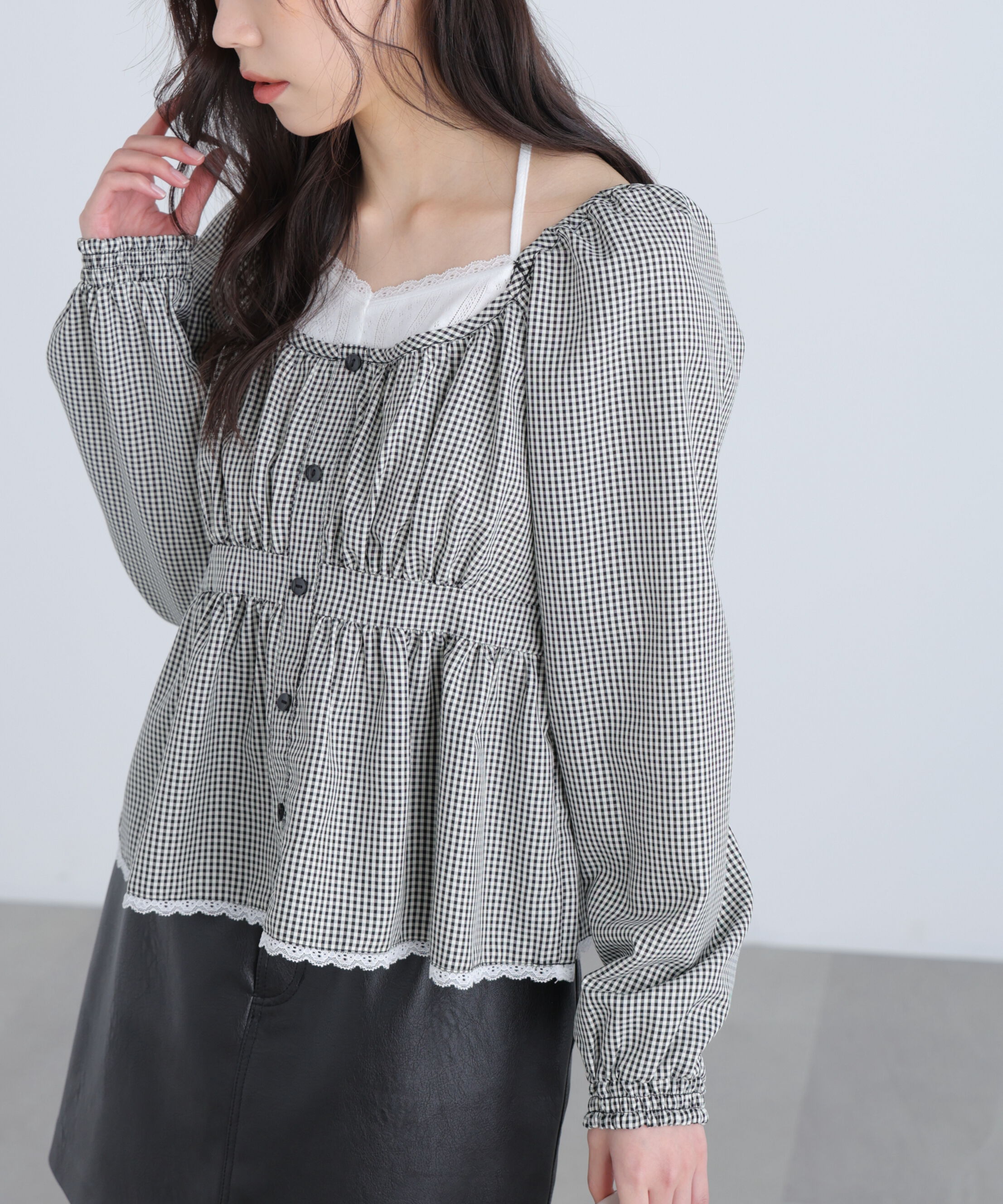  「レイヤード風ギンガムチェックペプラムブラウス」|シャツ・ブラウス|