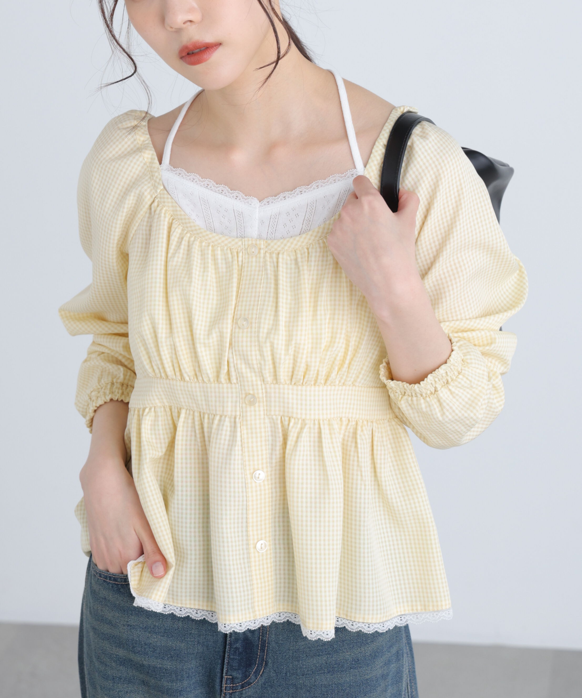  「レイヤード風ギンガムチェックペプラムブラウス」|シャツ・ブラウス|イエローギン 1