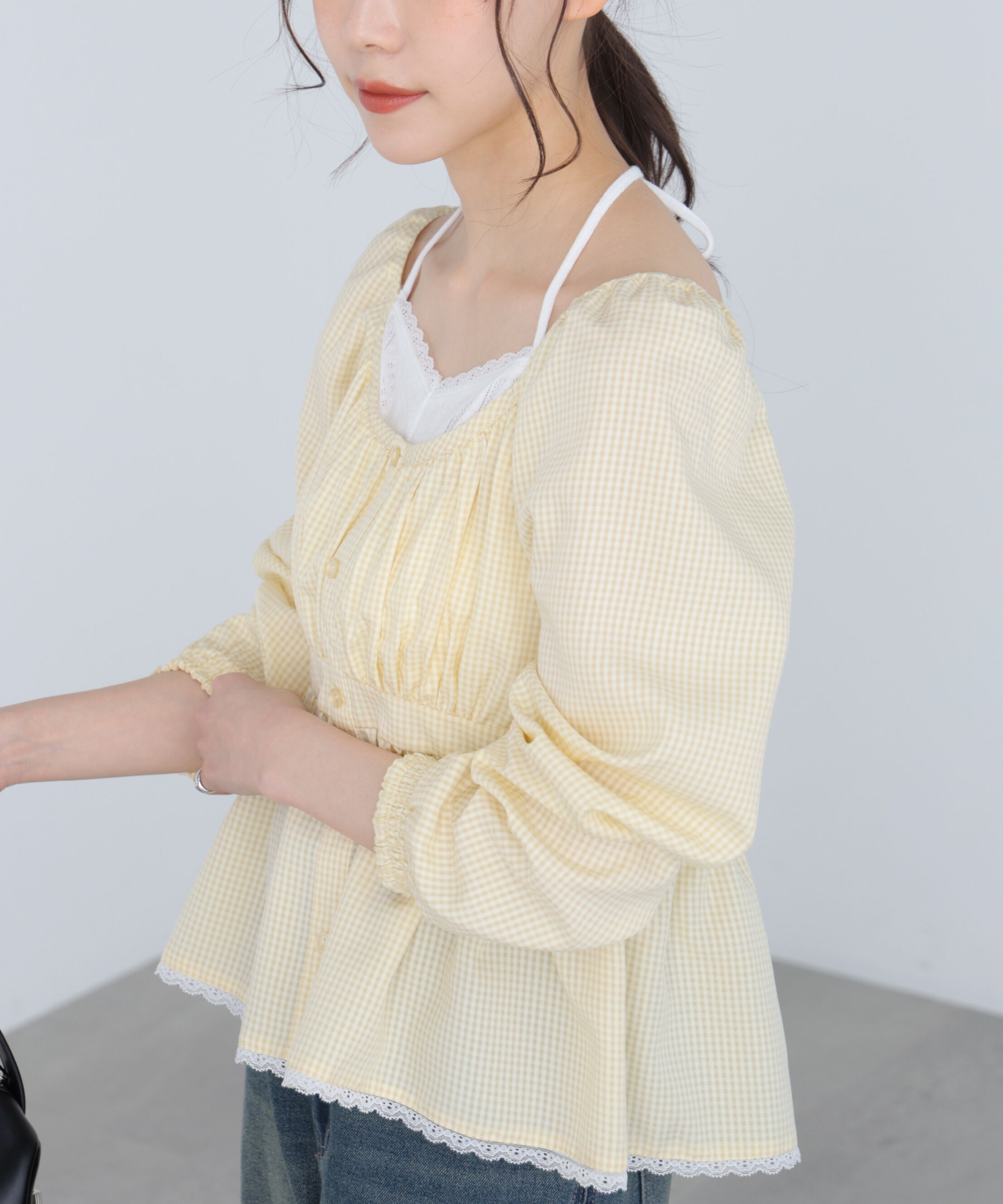  「レイヤード風ギンガムチェックペプラムブラウス」|シャツ・ブラウス|