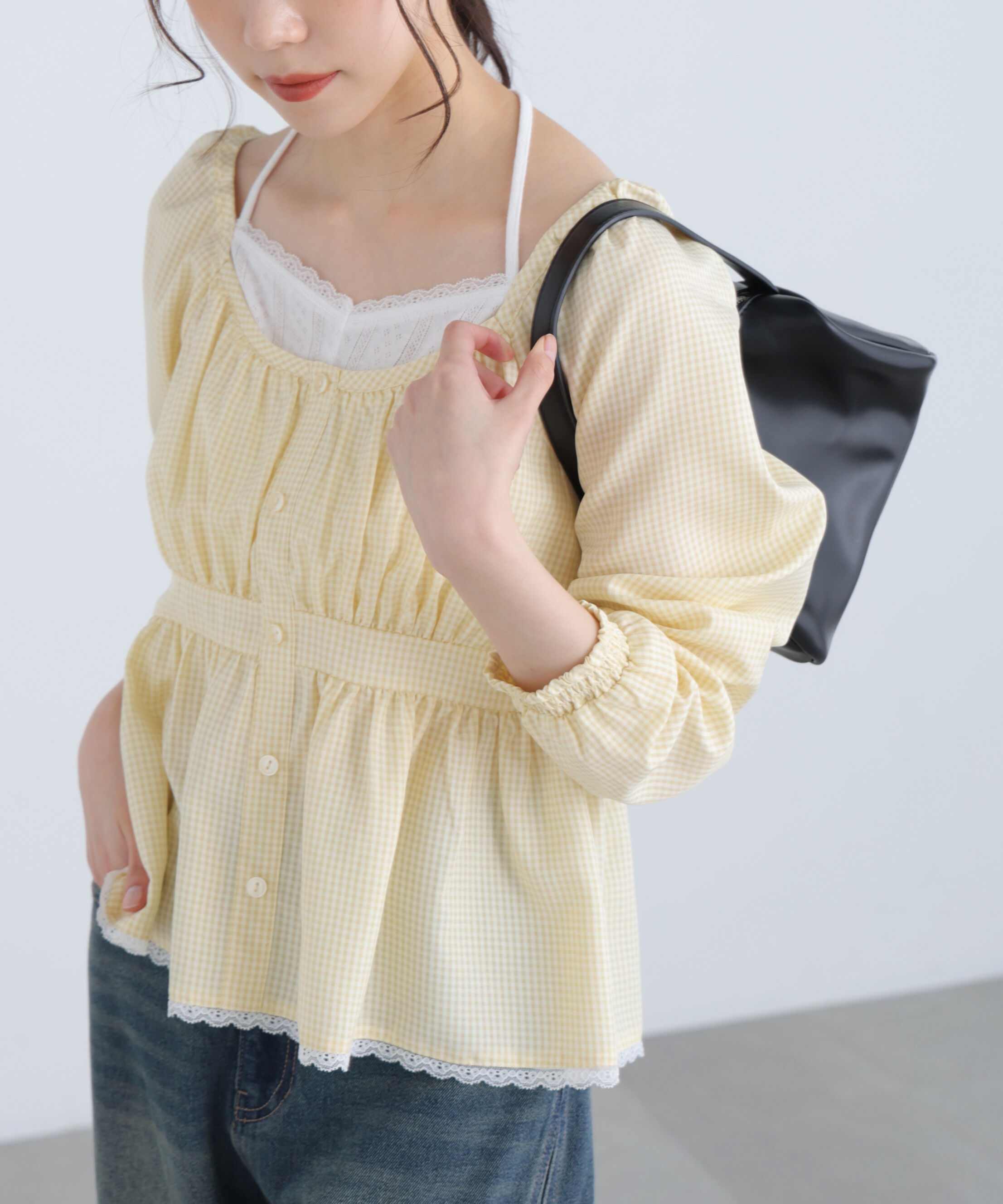  「レイヤード風ギンガムチェックペプラムブラウス」|シャツ・ブラウス|
