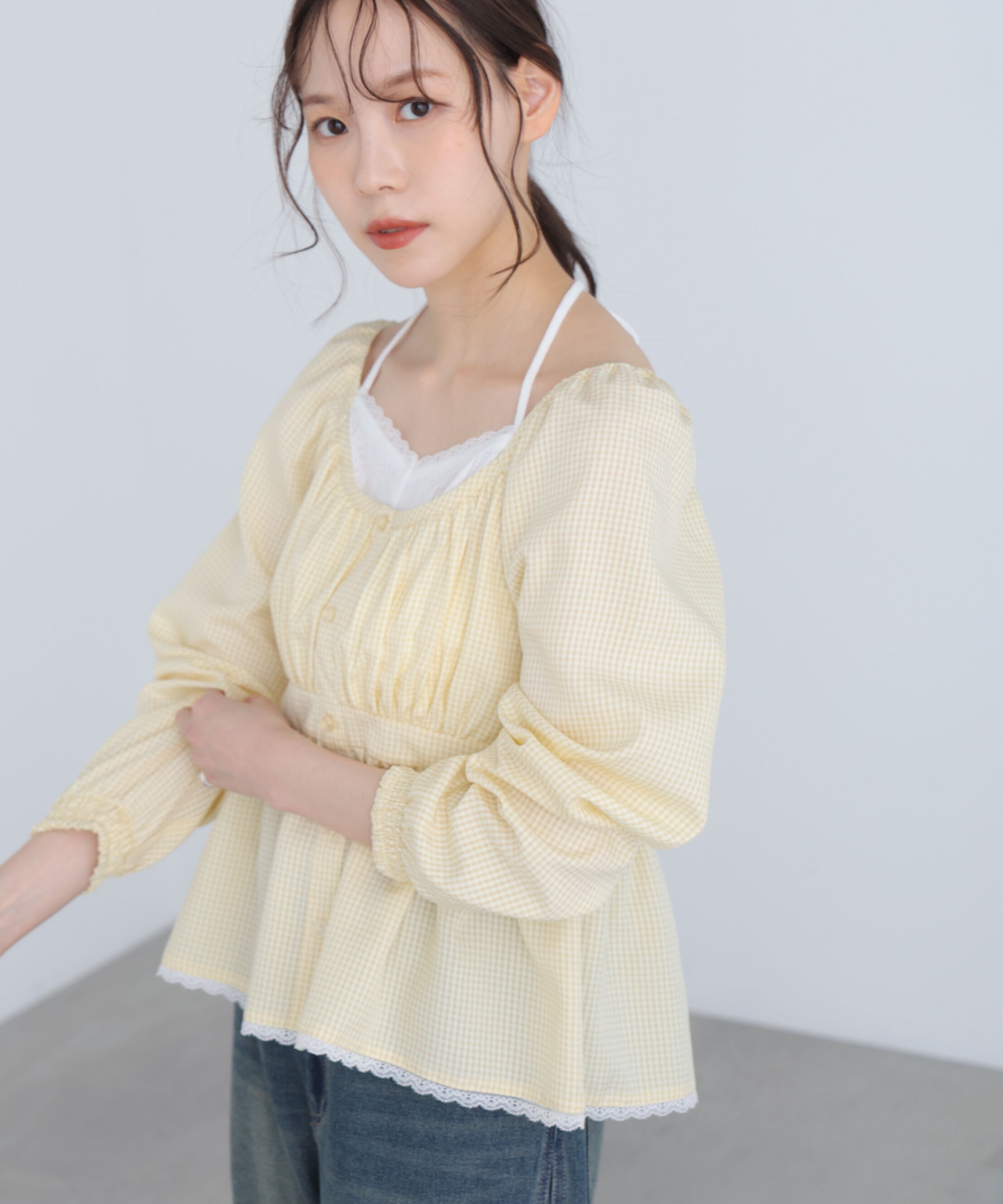  「レイヤード風ギンガムチェックペプラムブラウス」|シャツ・ブラウス|
