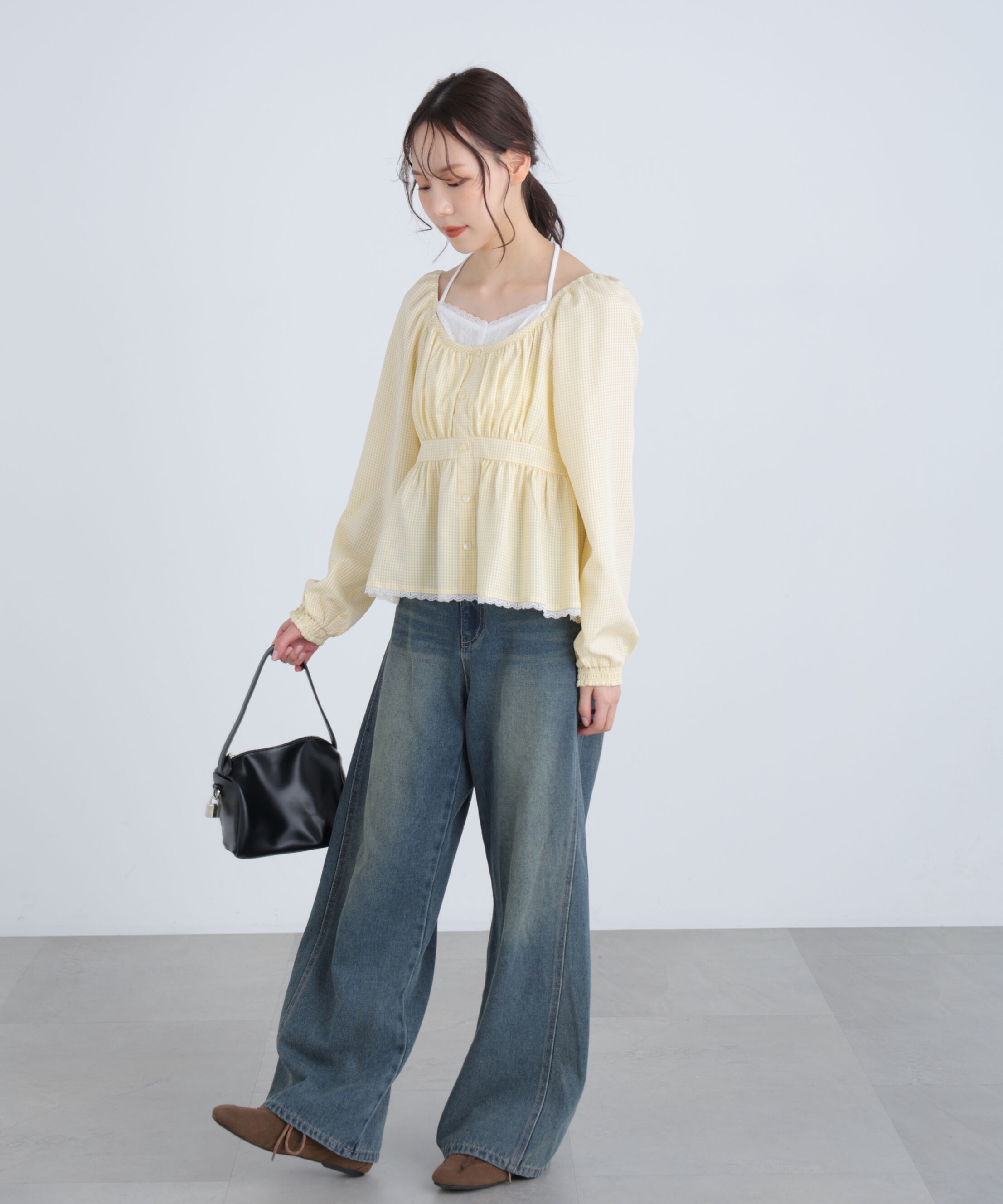  「レイヤード風ギンガムチェックペプラムブラウス」|シャツ・ブラウス|