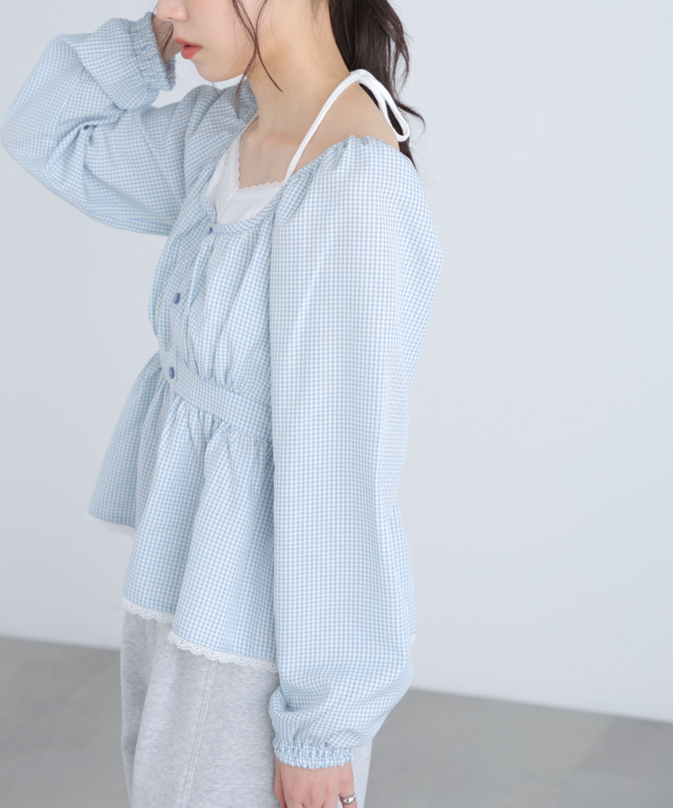  「レイヤード風ギンガムチェックペプラムブラウス」|シャツ・ブラウス|