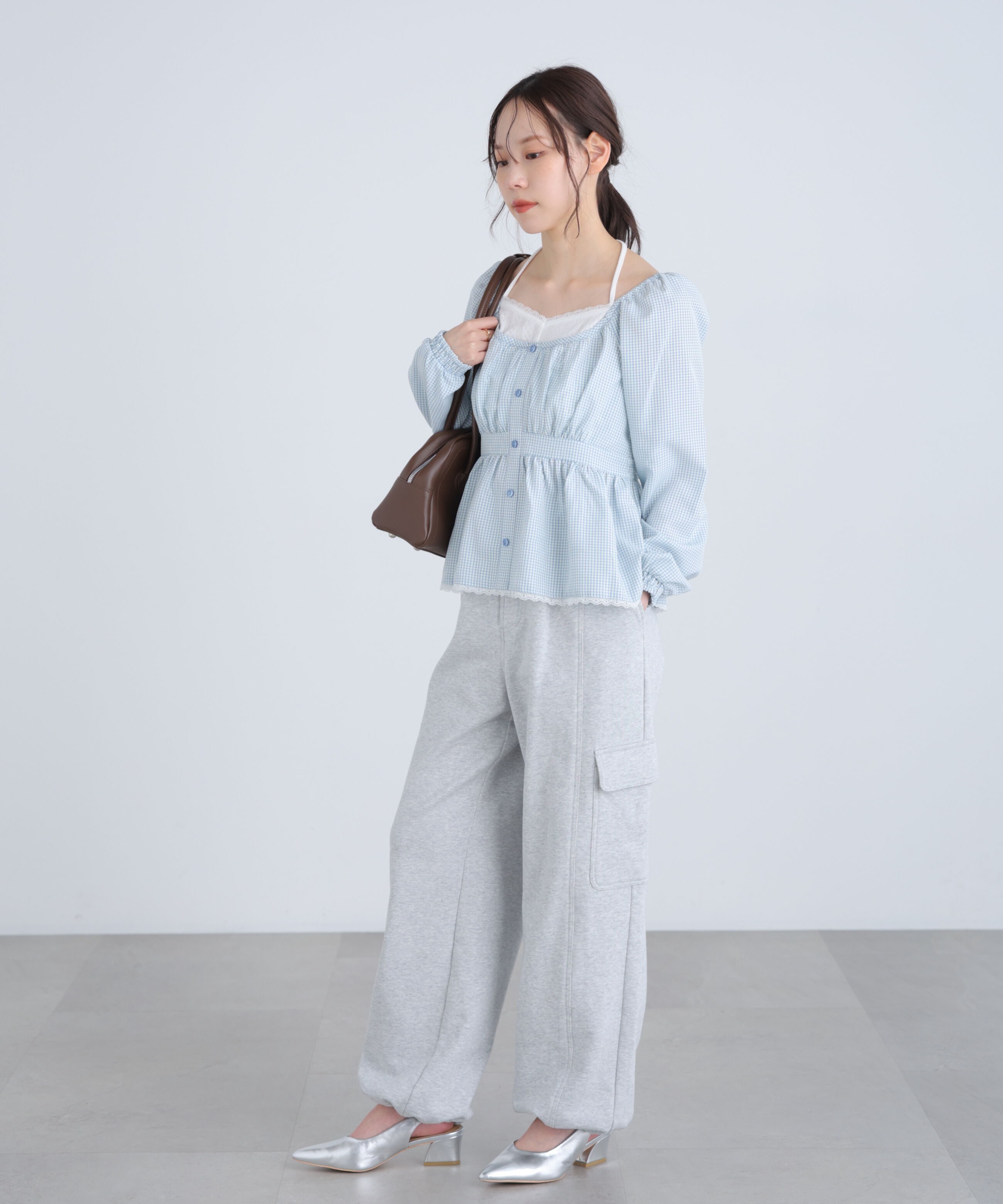  「レイヤード風ギンガムチェックペプラムブラウス」|シャツ・ブラウス|