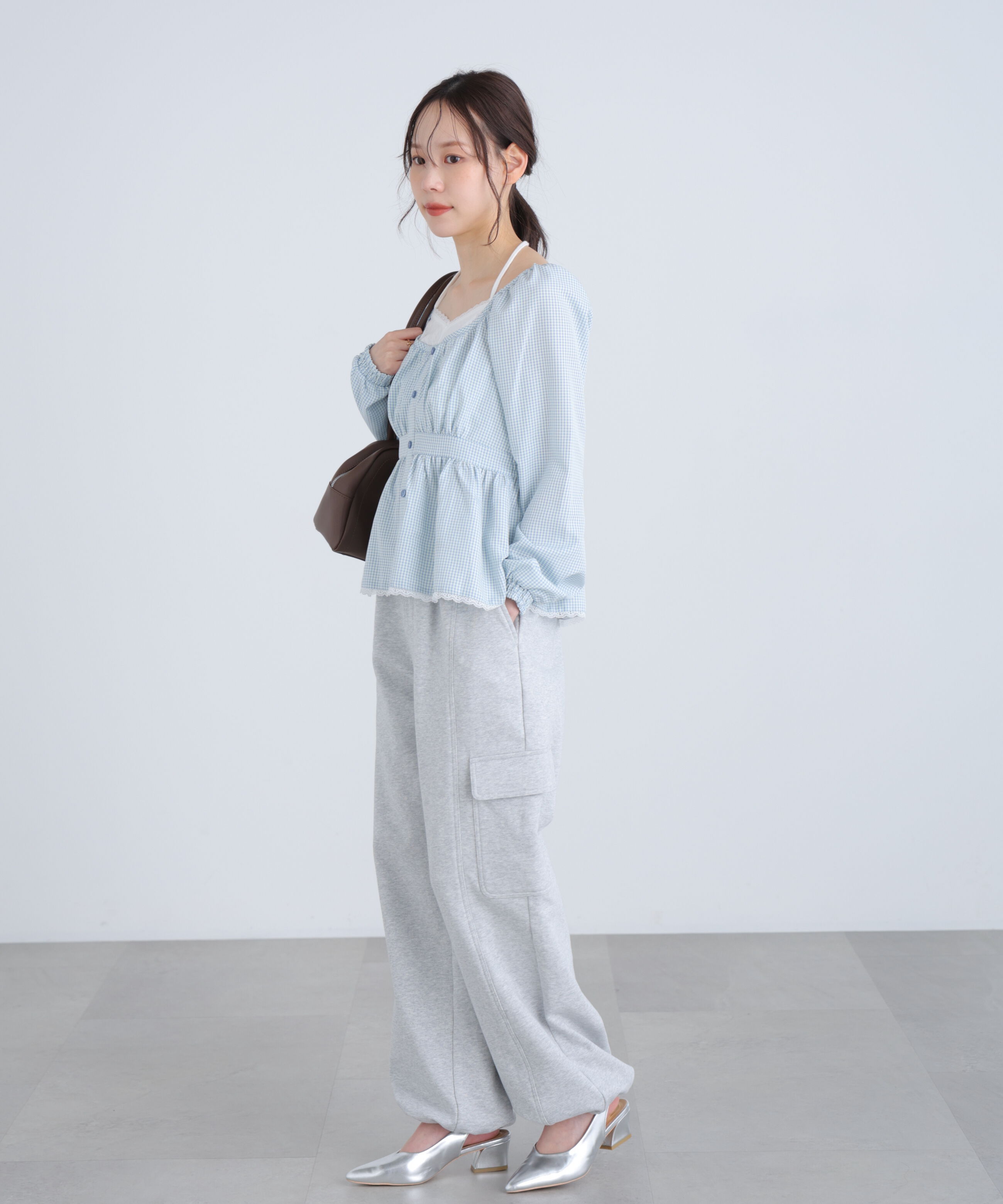  「レイヤード風ギンガムチェックペプラムブラウス」|シャツ・ブラウス|