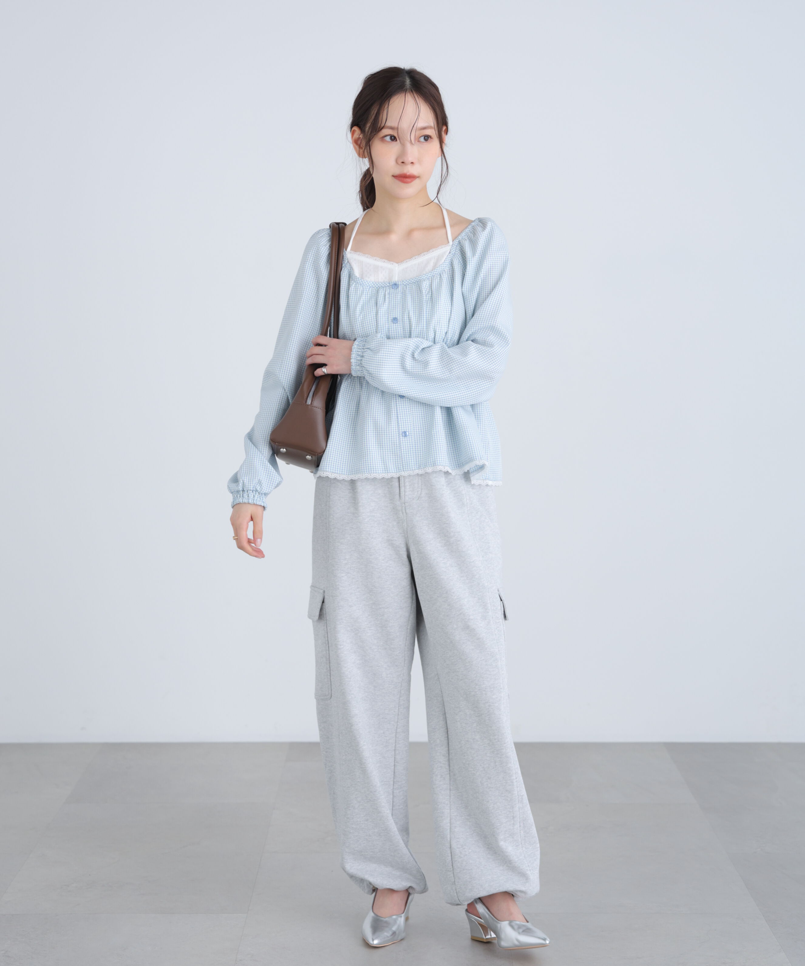  「レイヤード風ギンガムチェックペプラムブラウス」|シャツ・ブラウス|