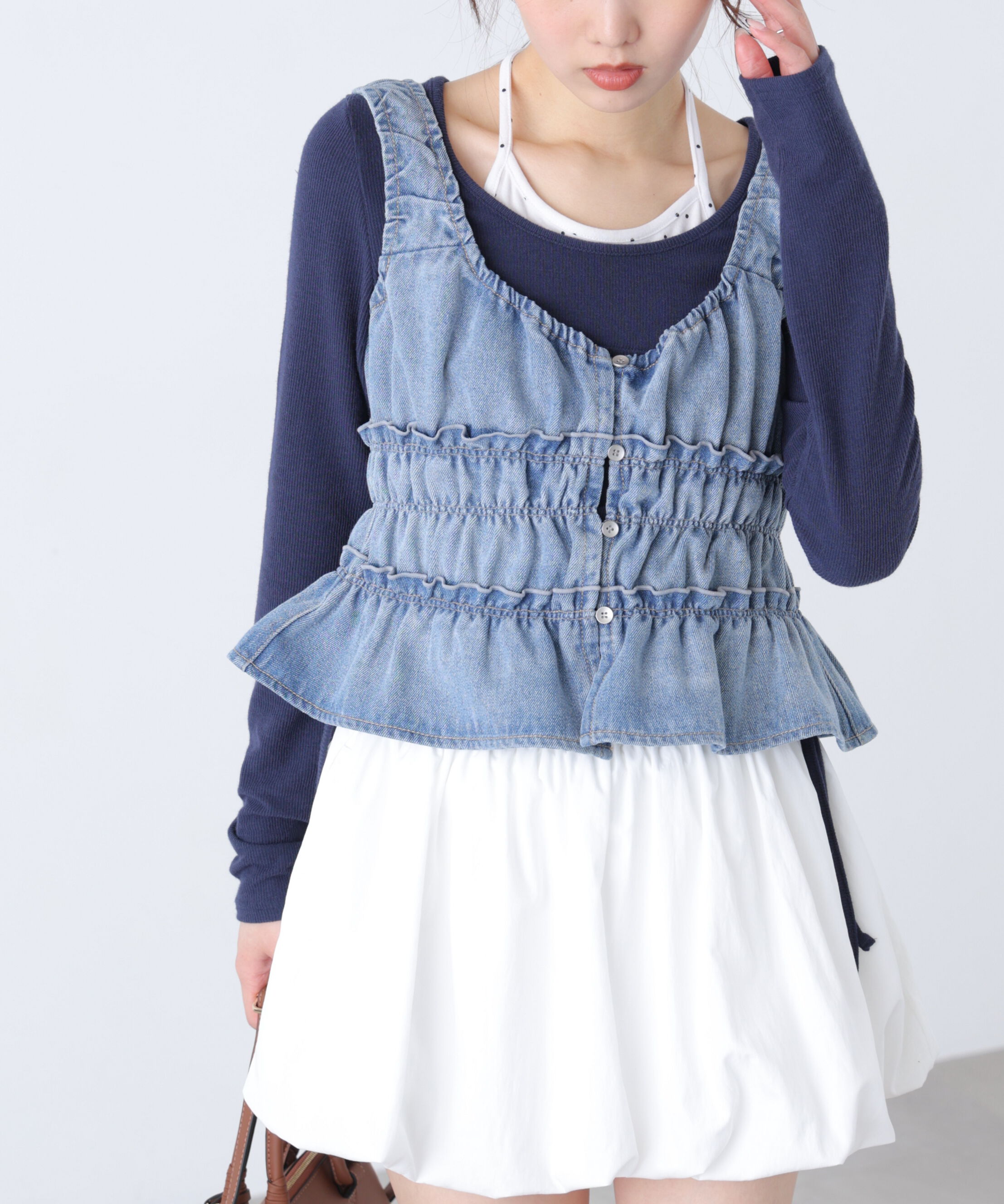  「シャーリングデニムビスチェ」|シャツ・ブラウス|