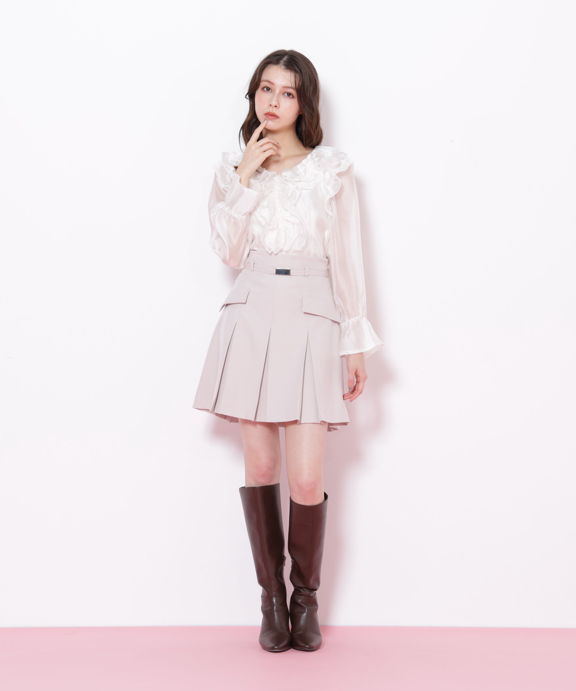  「＜セットアップ対応＞ベルト付ベーシックツイルミニスカート」|スカート|