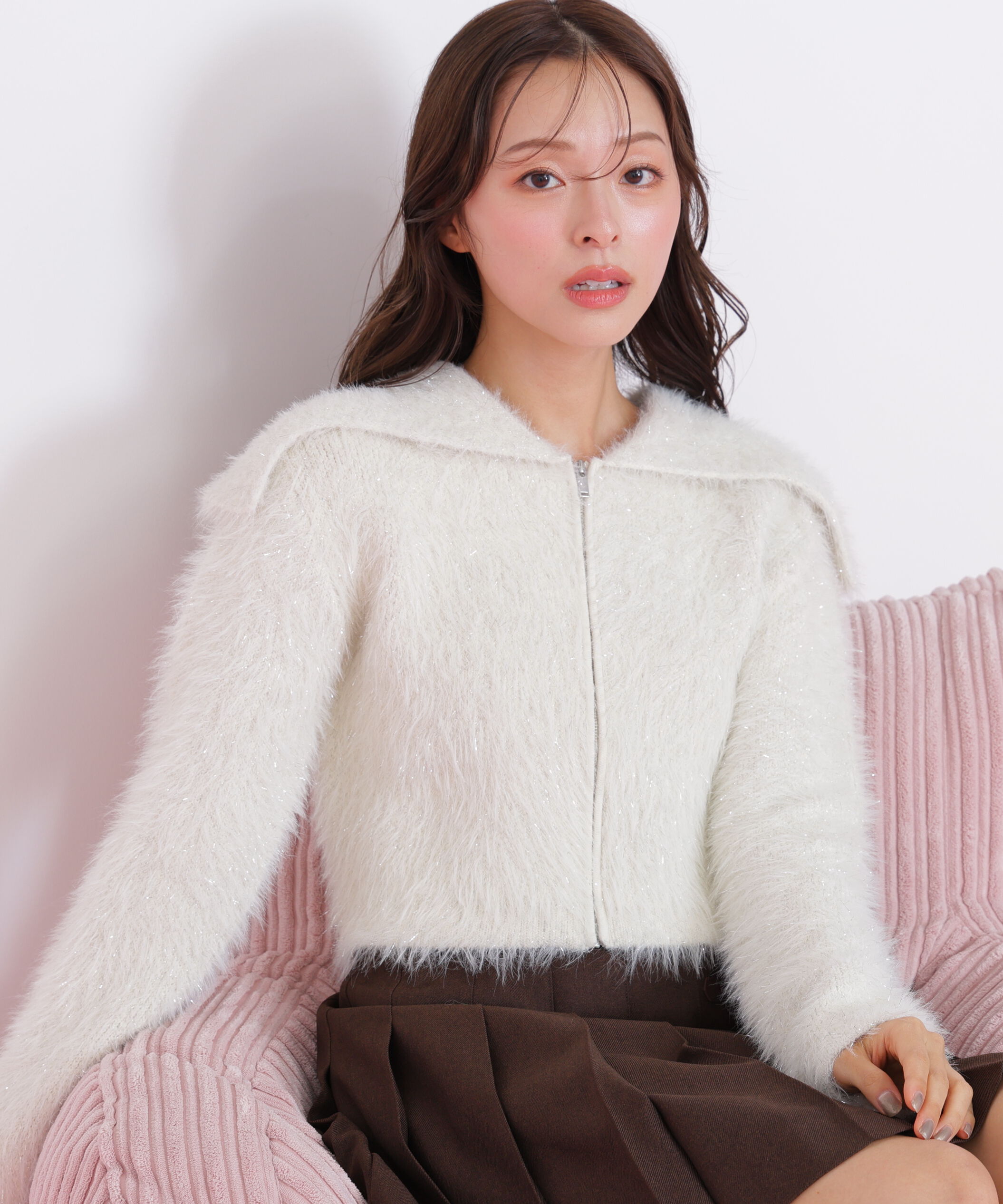  「ラメフェザービッグカラーニットブルゾン」|ニット・セーター|ホワイト