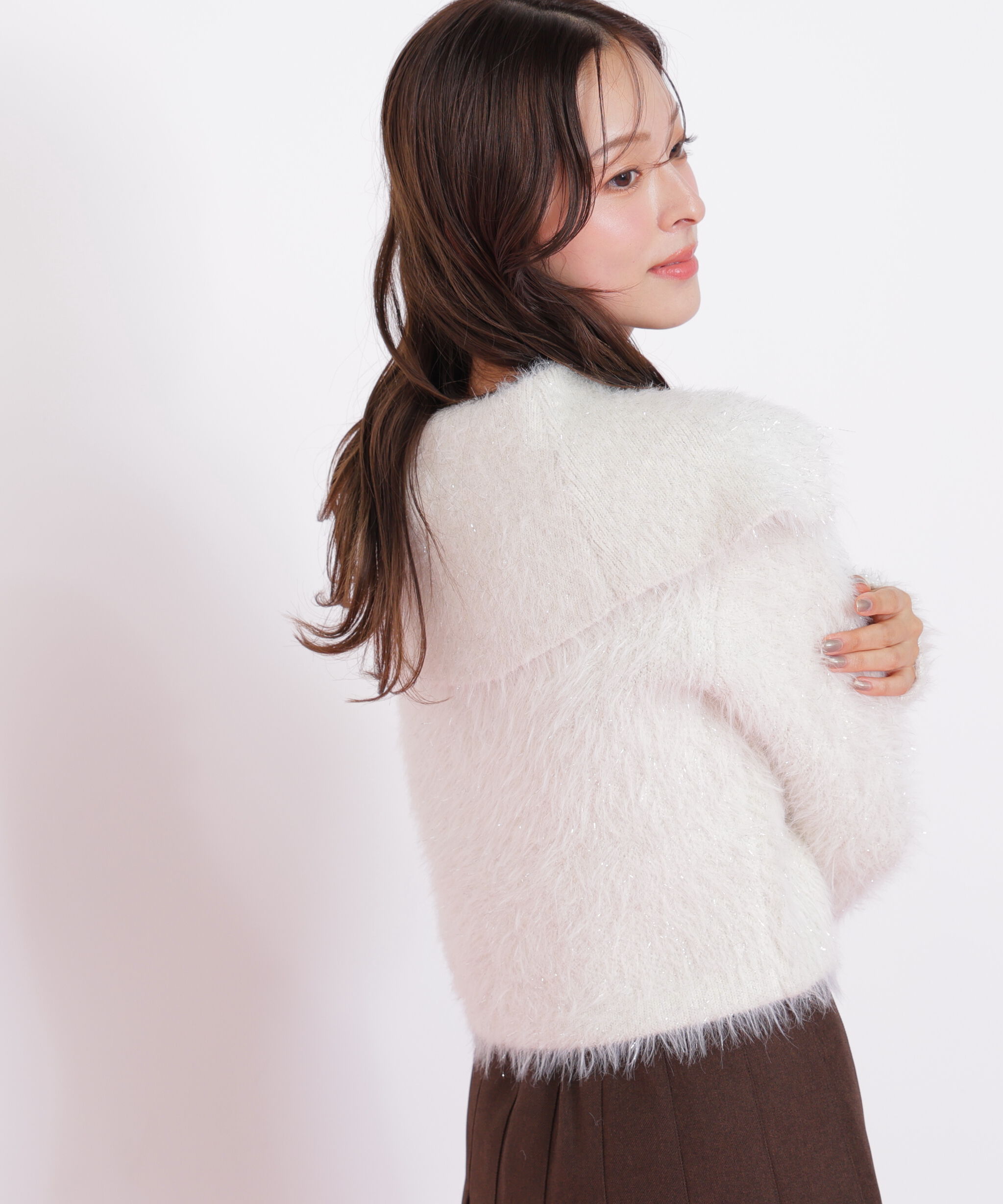  「ラメフェザービッグカラーニットブルゾン」|ニット・セーター|