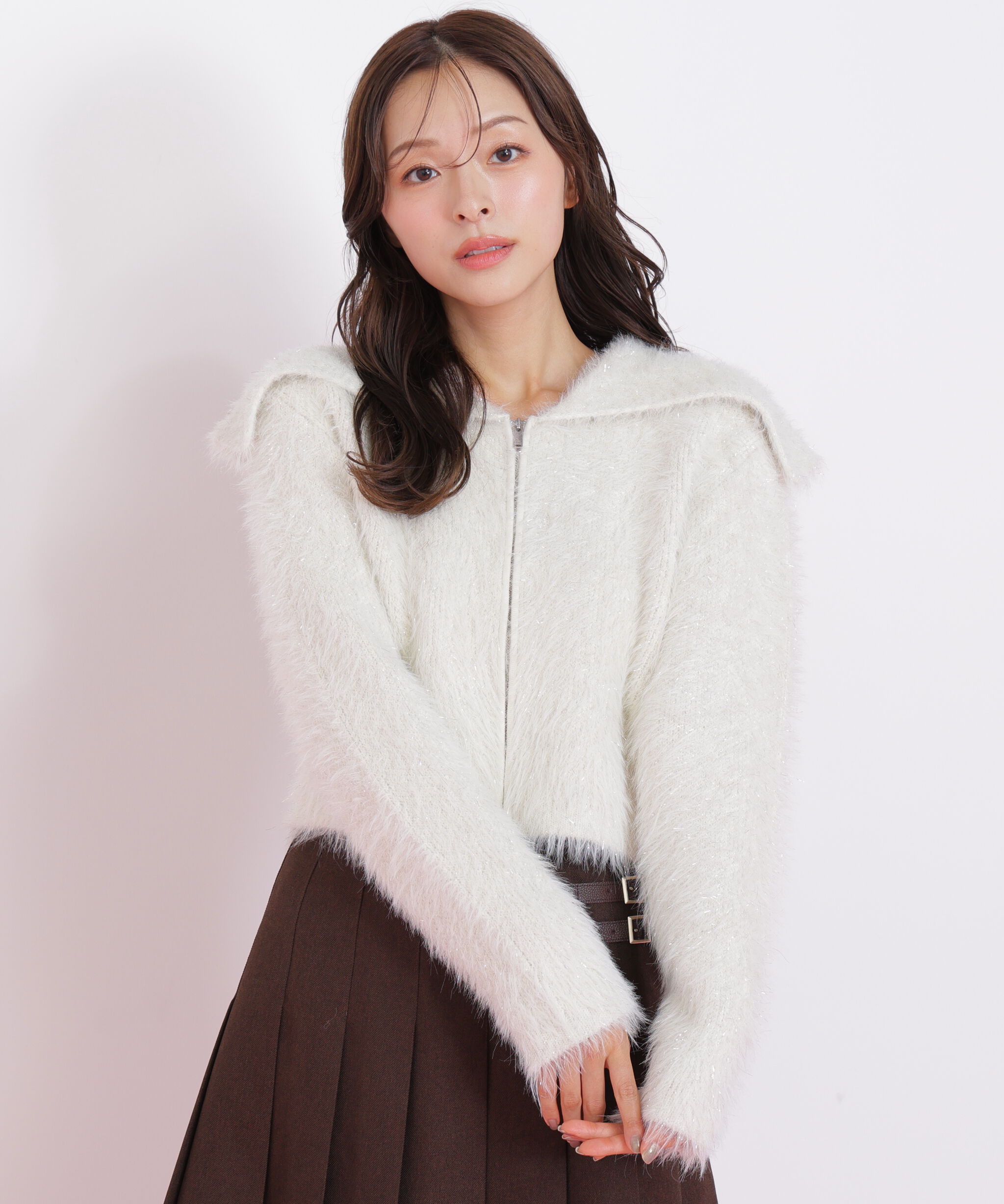  「ラメフェザービッグカラーニットブルゾン」|ニット・セーター|