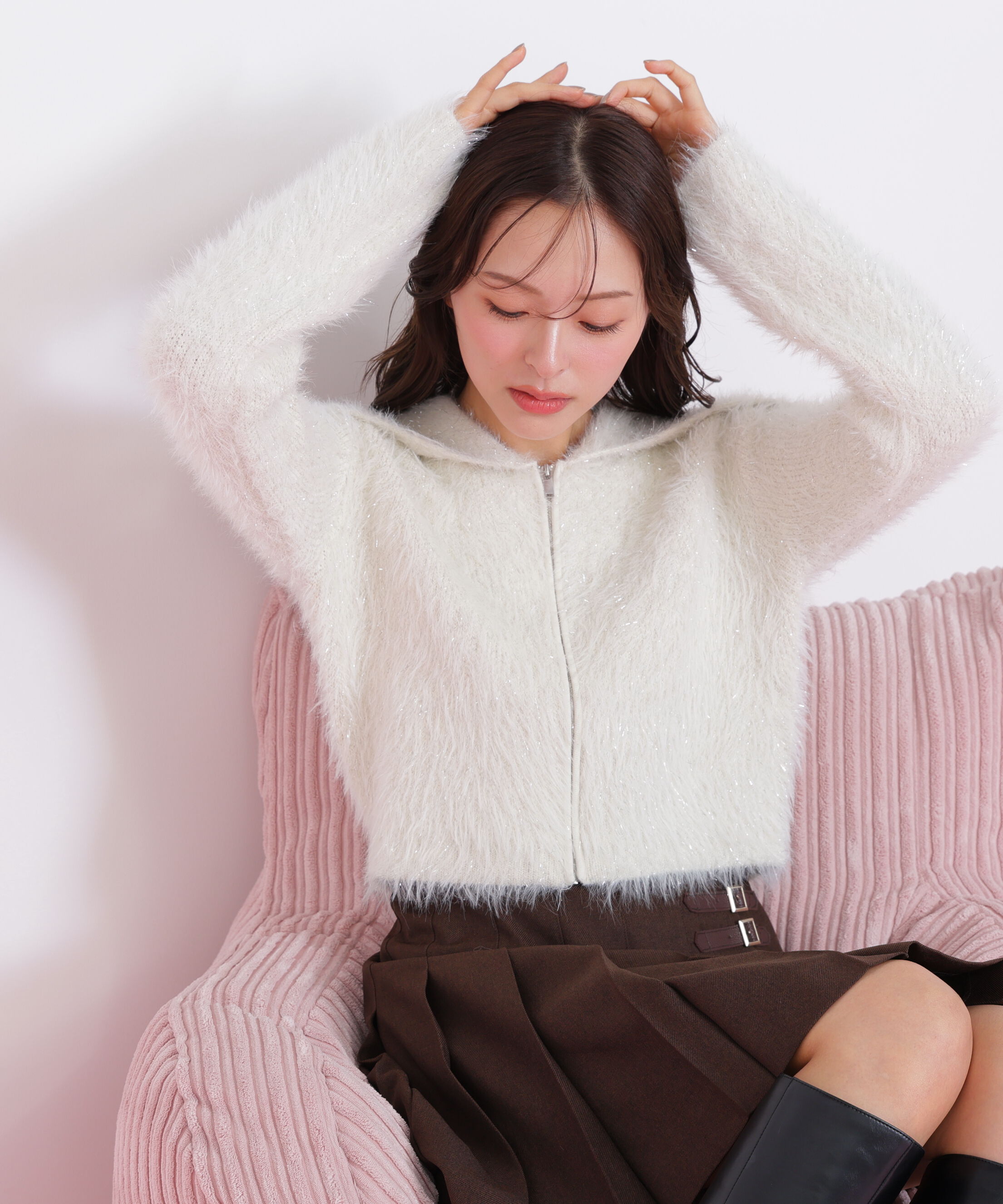  「ラメフェザービッグカラーニットブルゾン」|ニット・セーター|