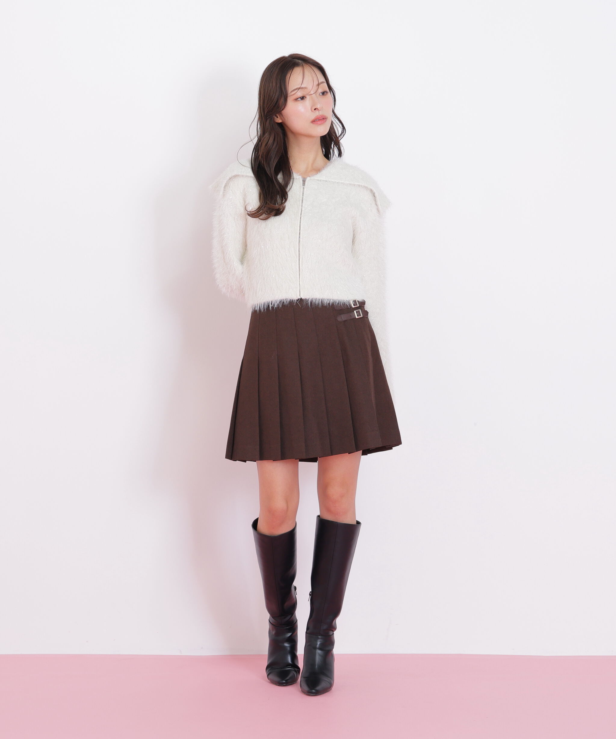  「ラメフェザービッグカラーニットブルゾン」|ニット・セーター|