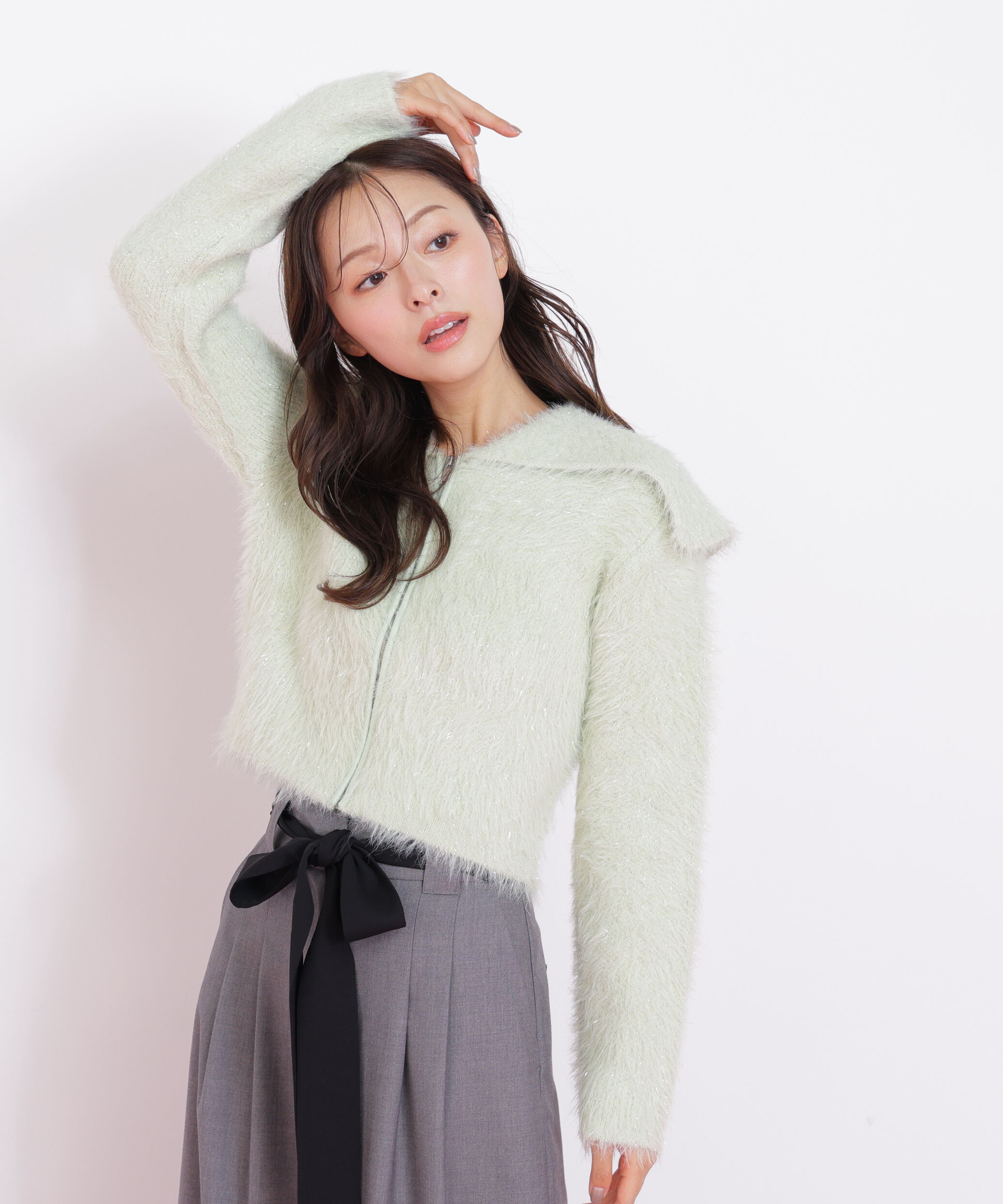  「ラメフェザービッグカラーニットブルゾン」|ニット・セーター|