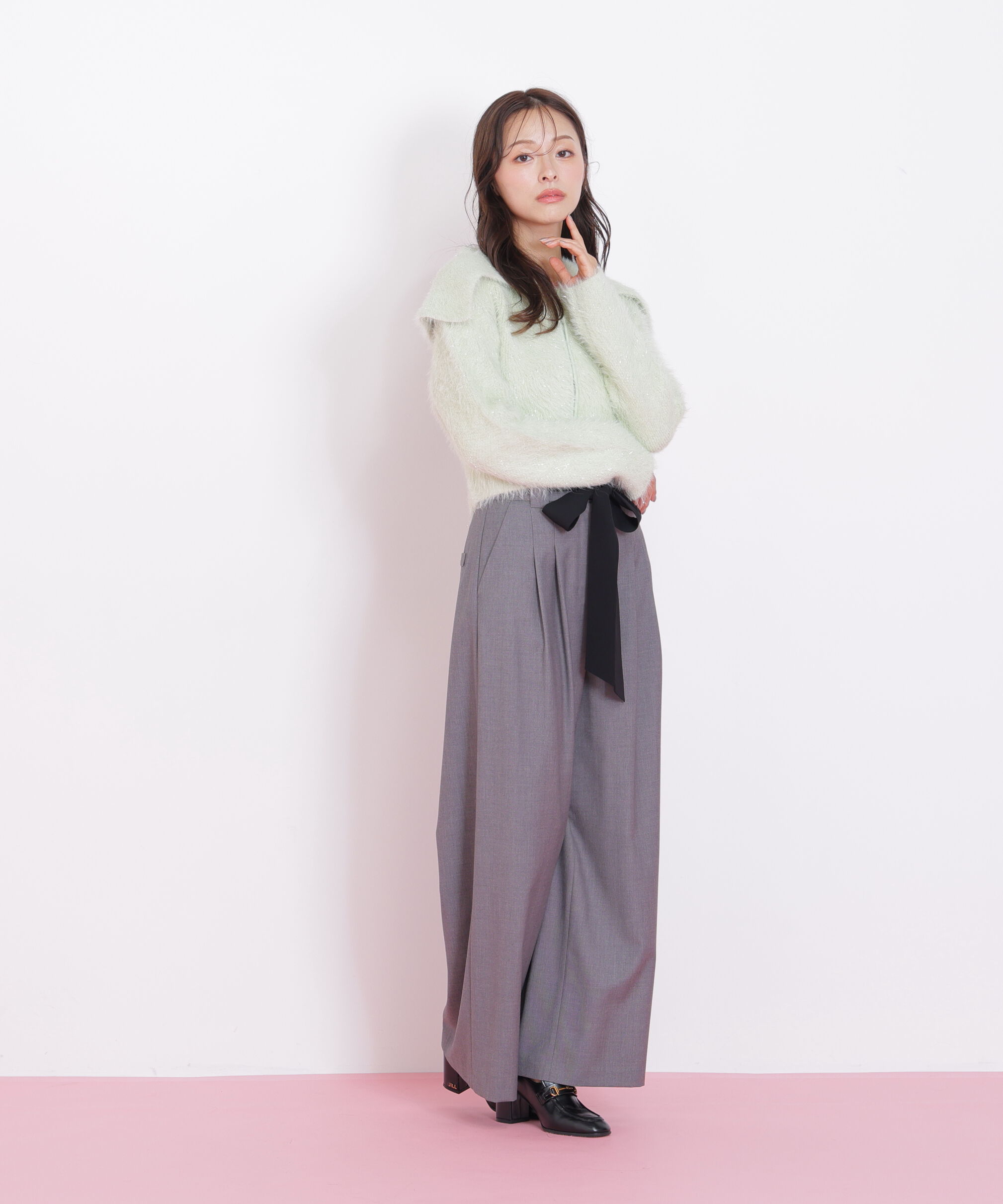  「ラメフェザービッグカラーニットブルゾン」|ニット・セーター|