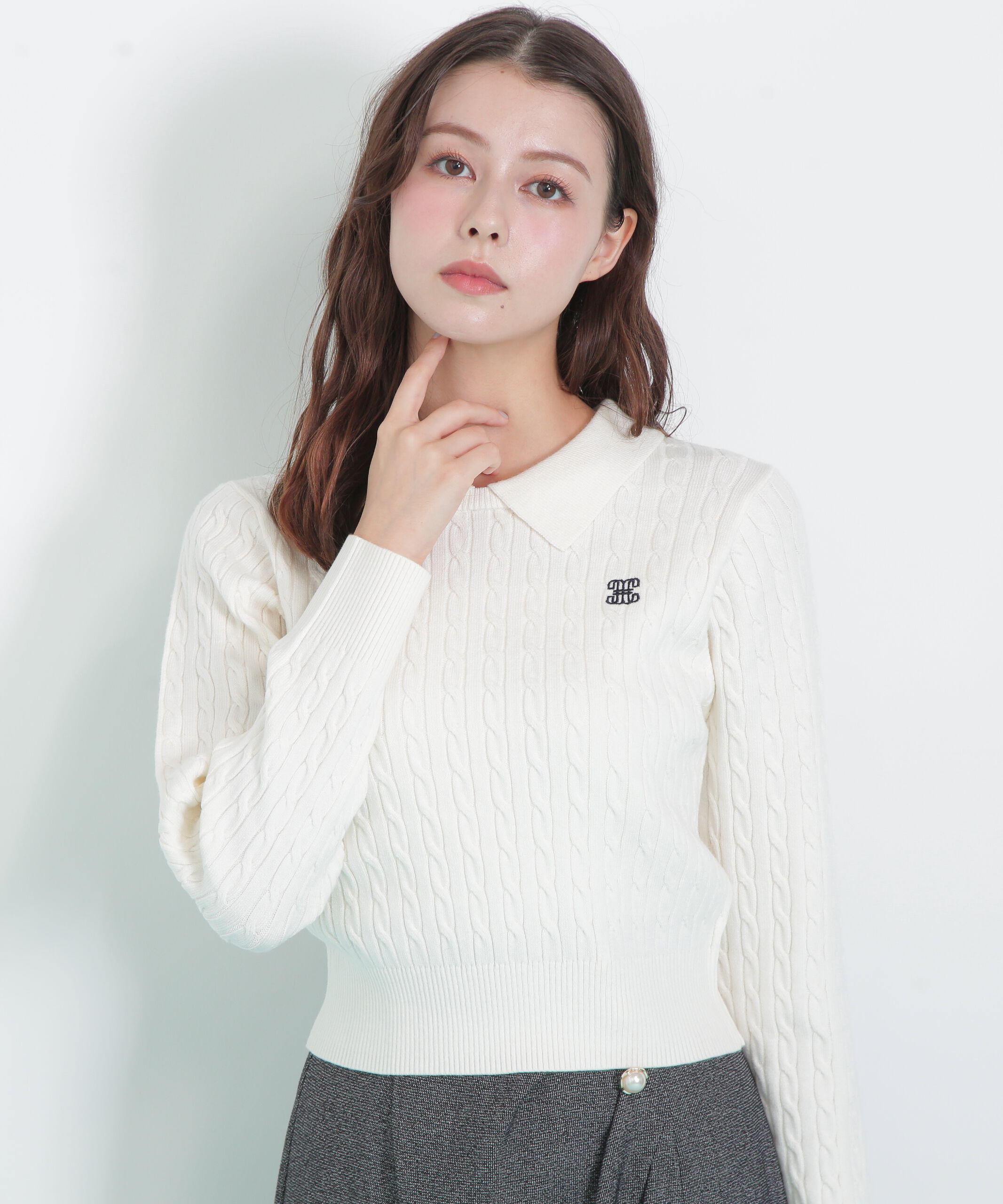  「レイヤード衿ケーブルニット」|ニット・セーター|ホワイト