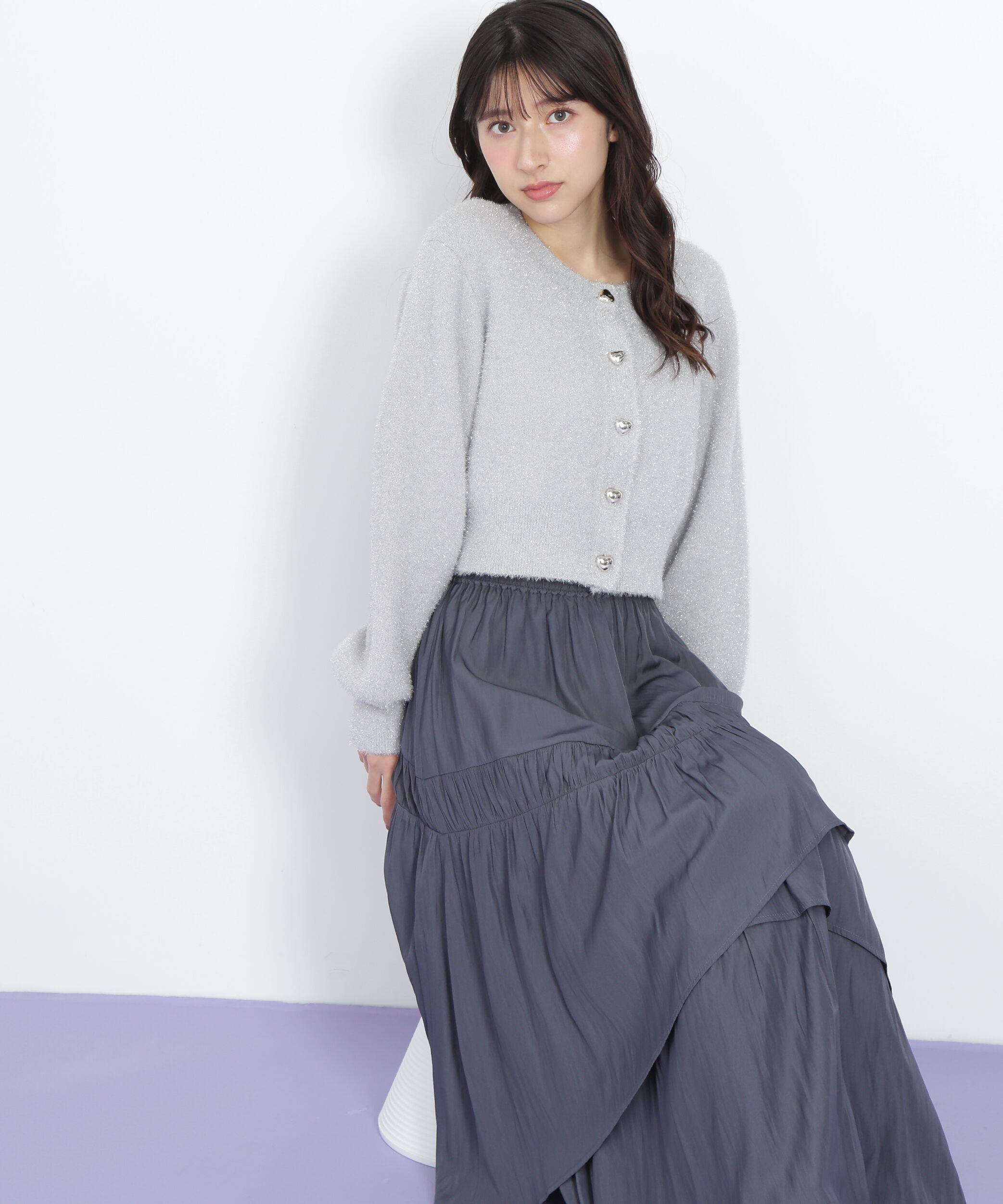  「ハートボタンラメフェザーカーディガン」|ニット・セーター|