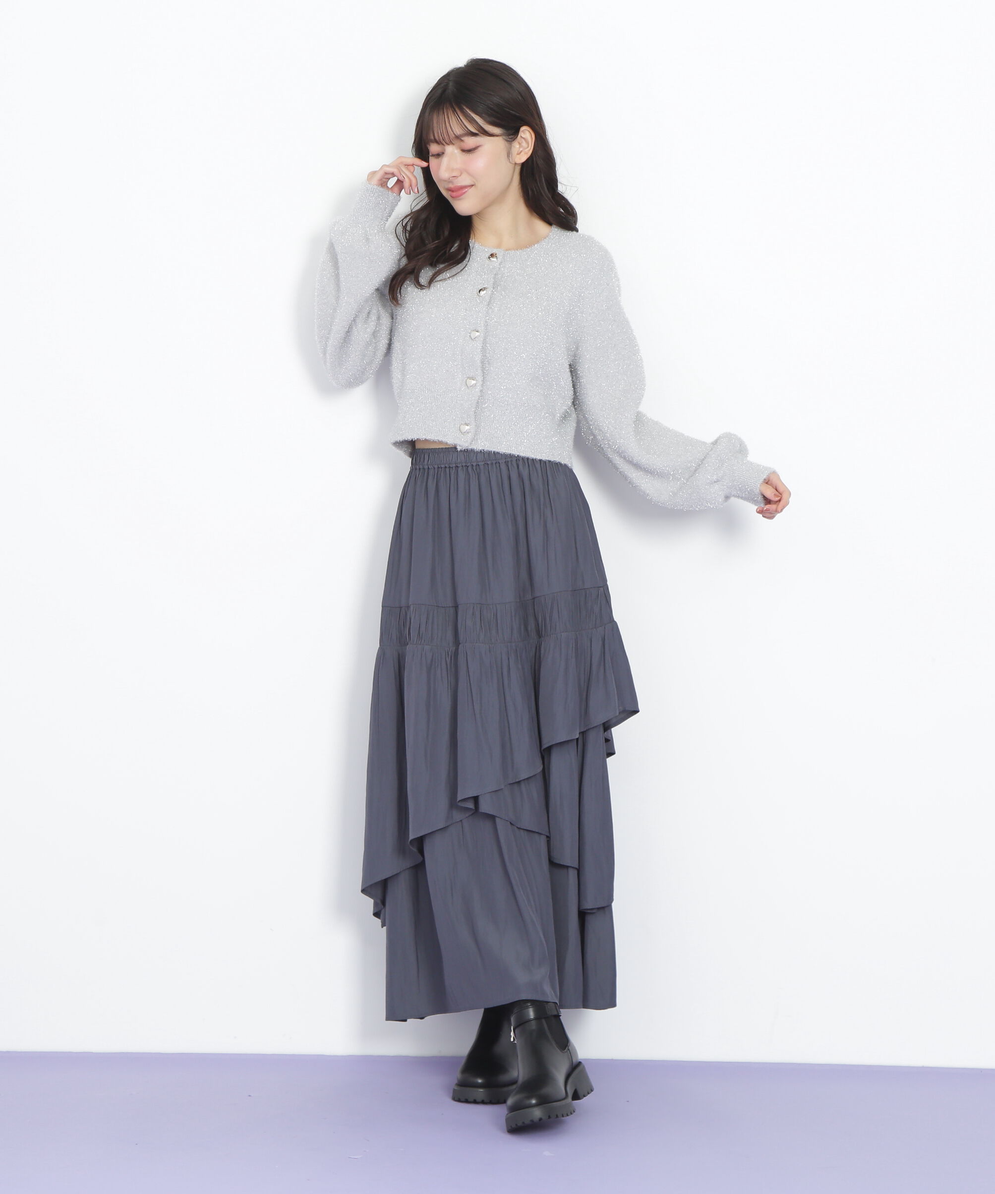  「ハートボタンラメフェザーカーディガン」|ニット・セーター|