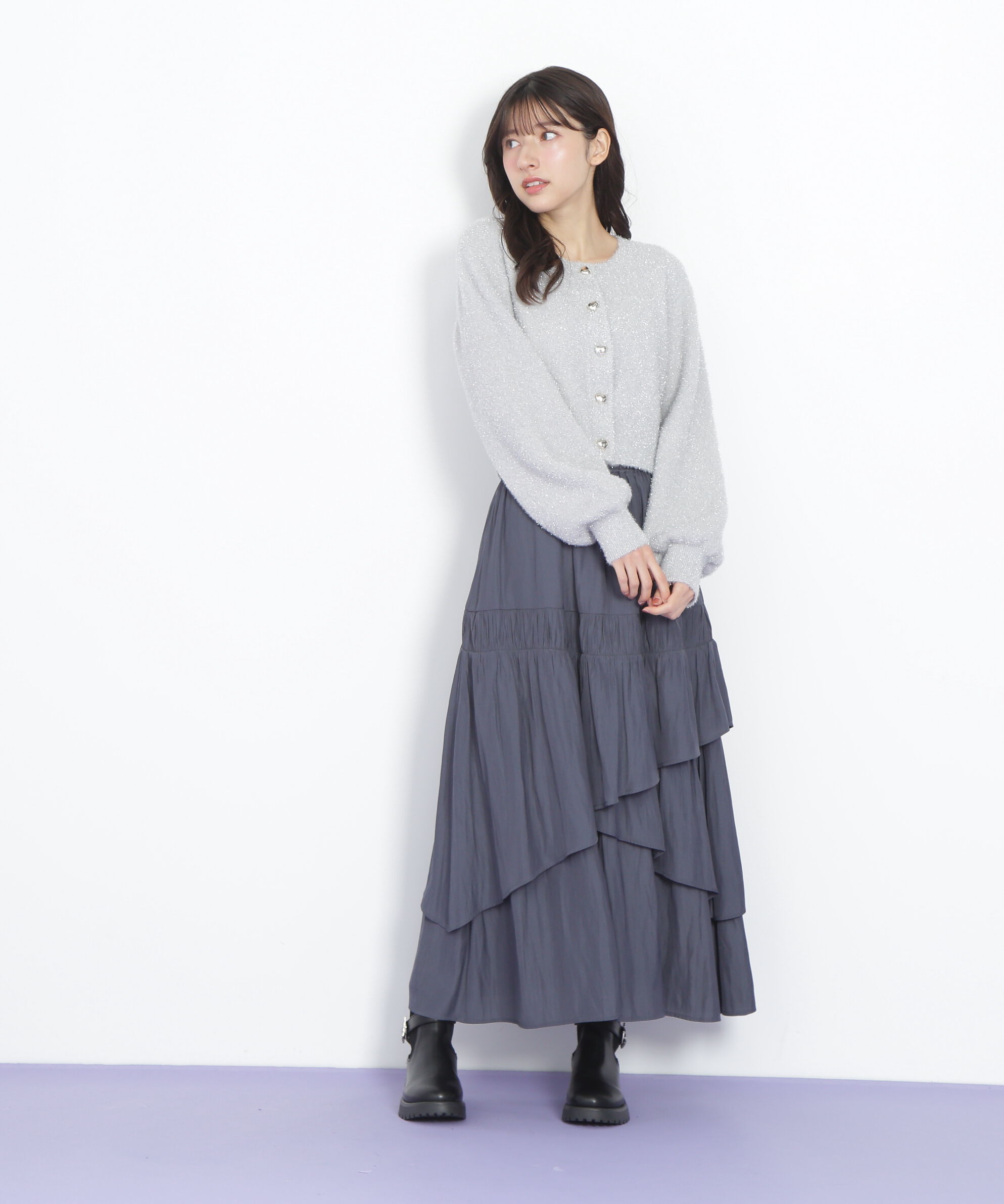  「ハートボタンラメフェザーカーディガン」|ニット・セーター|