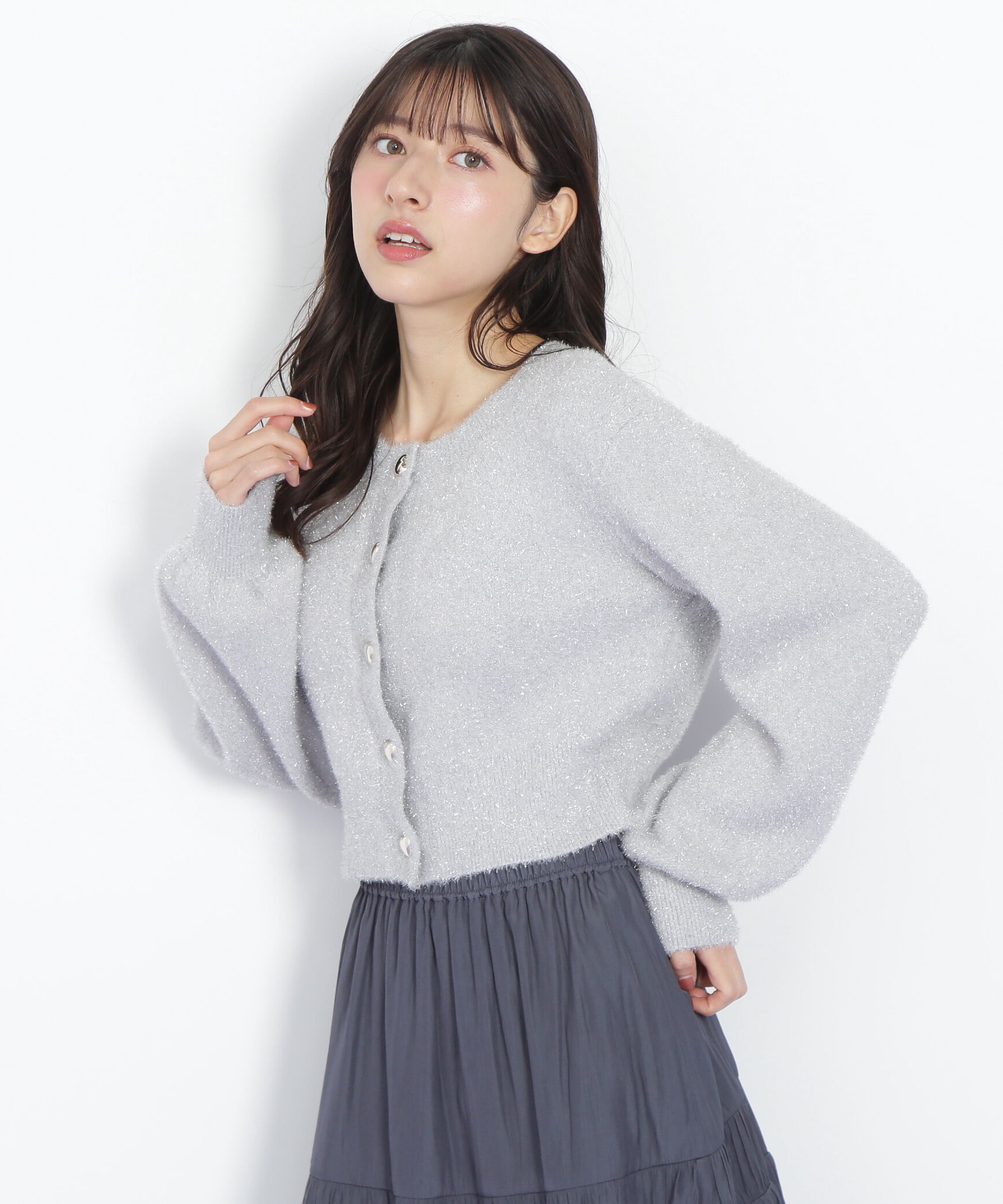  「ハートボタンラメフェザーカーディガン」|ニット・セーター|