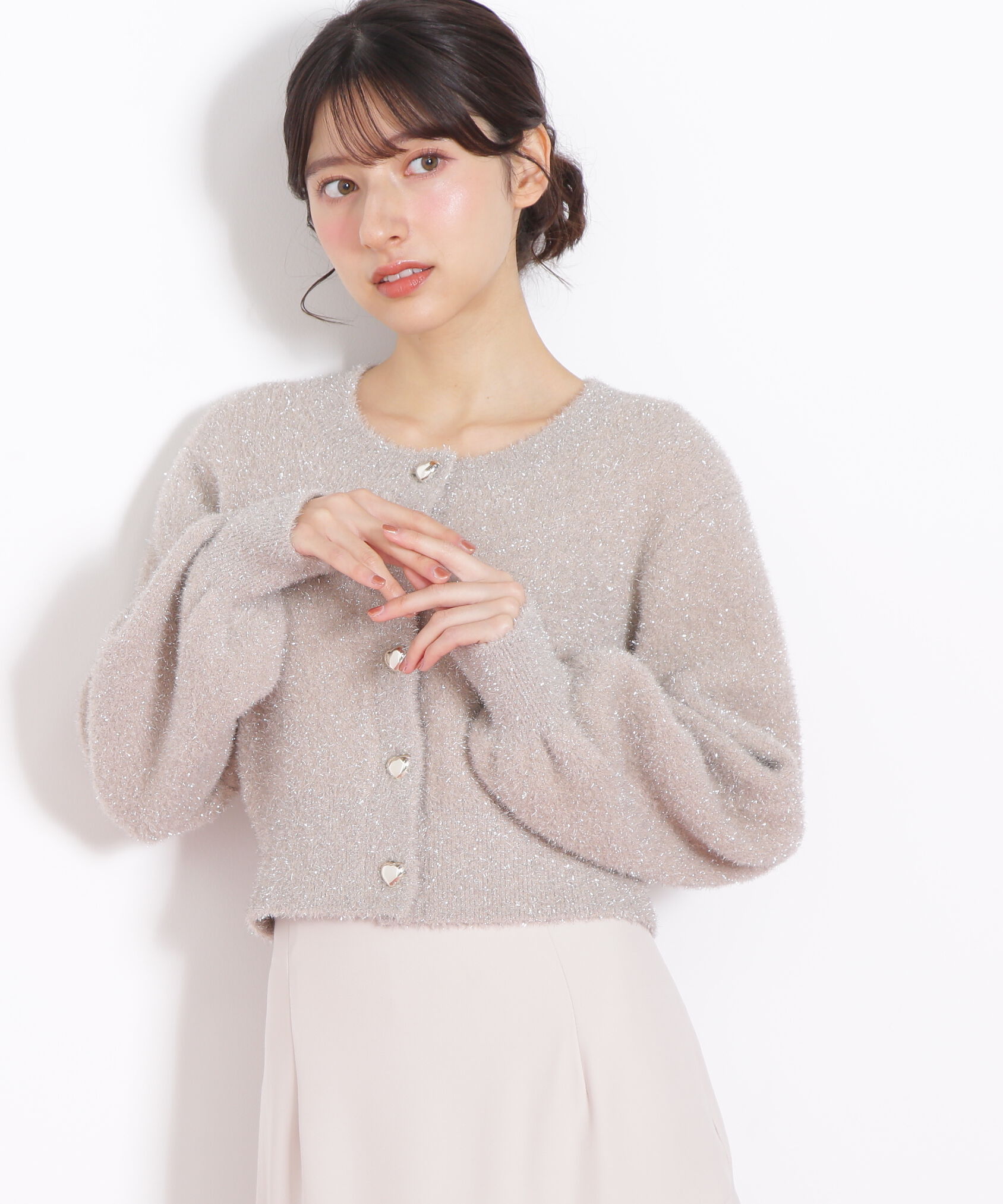  「ハートボタンラメフェザーカーディガン」|ニット・セーター|