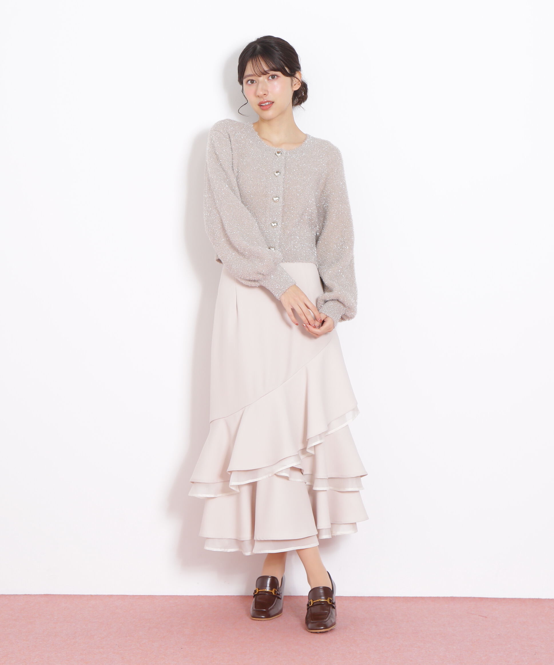  「ハートボタンラメフェザーカーディガン」|ニット・セーター|