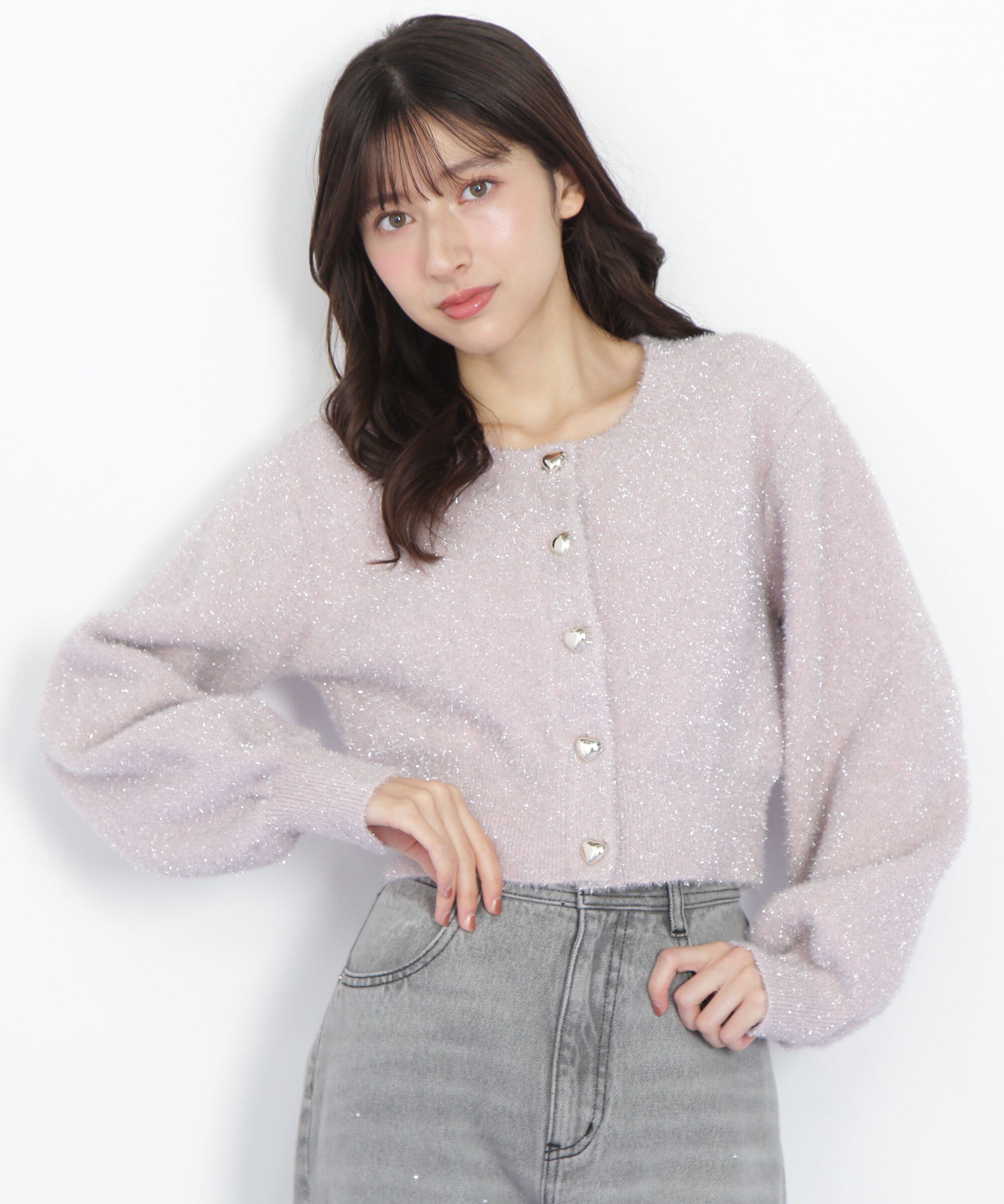  「ハートボタンラメフェザーカーディガン」|ニット・セーター|ピンク
