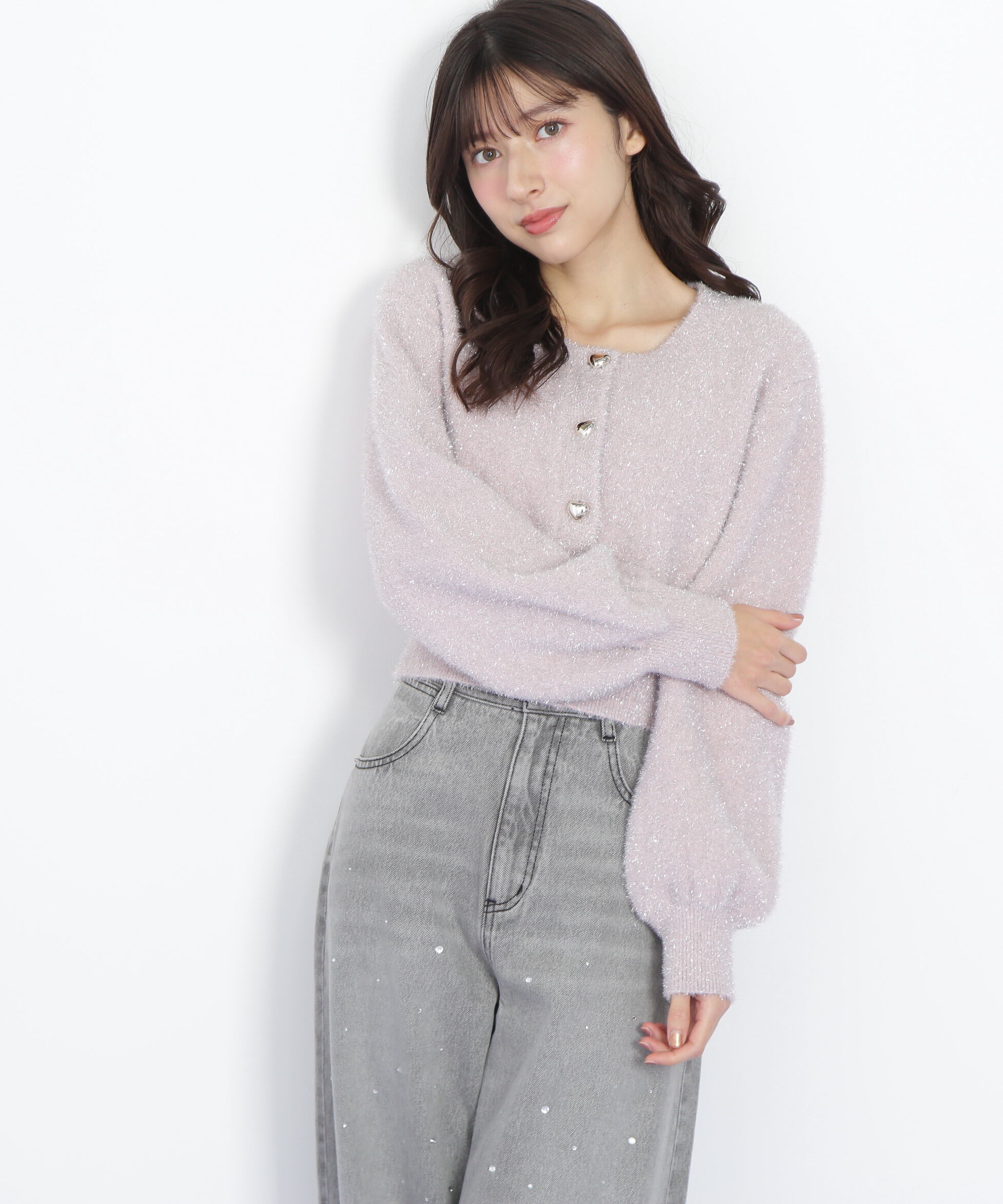  「ハートボタンラメフェザーカーディガン」|ニット・セーター|