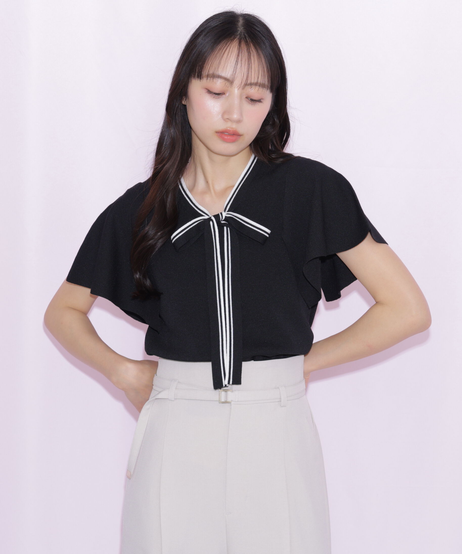  「フレアスリーブボウタイニット」|ニット・セーター|ブラック